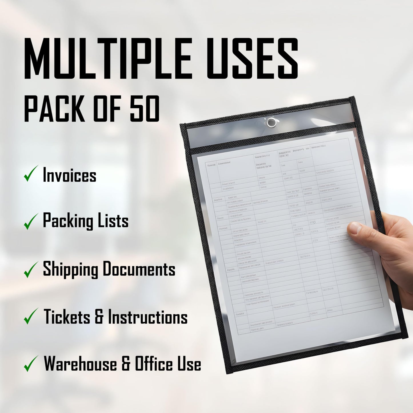 Pack of 50 Job Ticket Holders 10x14 Heavy Duty, 8.5 x 11 Letter Size, Clear & Black Plastic Sleeves, Hanging Document Sleeves, C-line Shop Ticket Holders 10x14