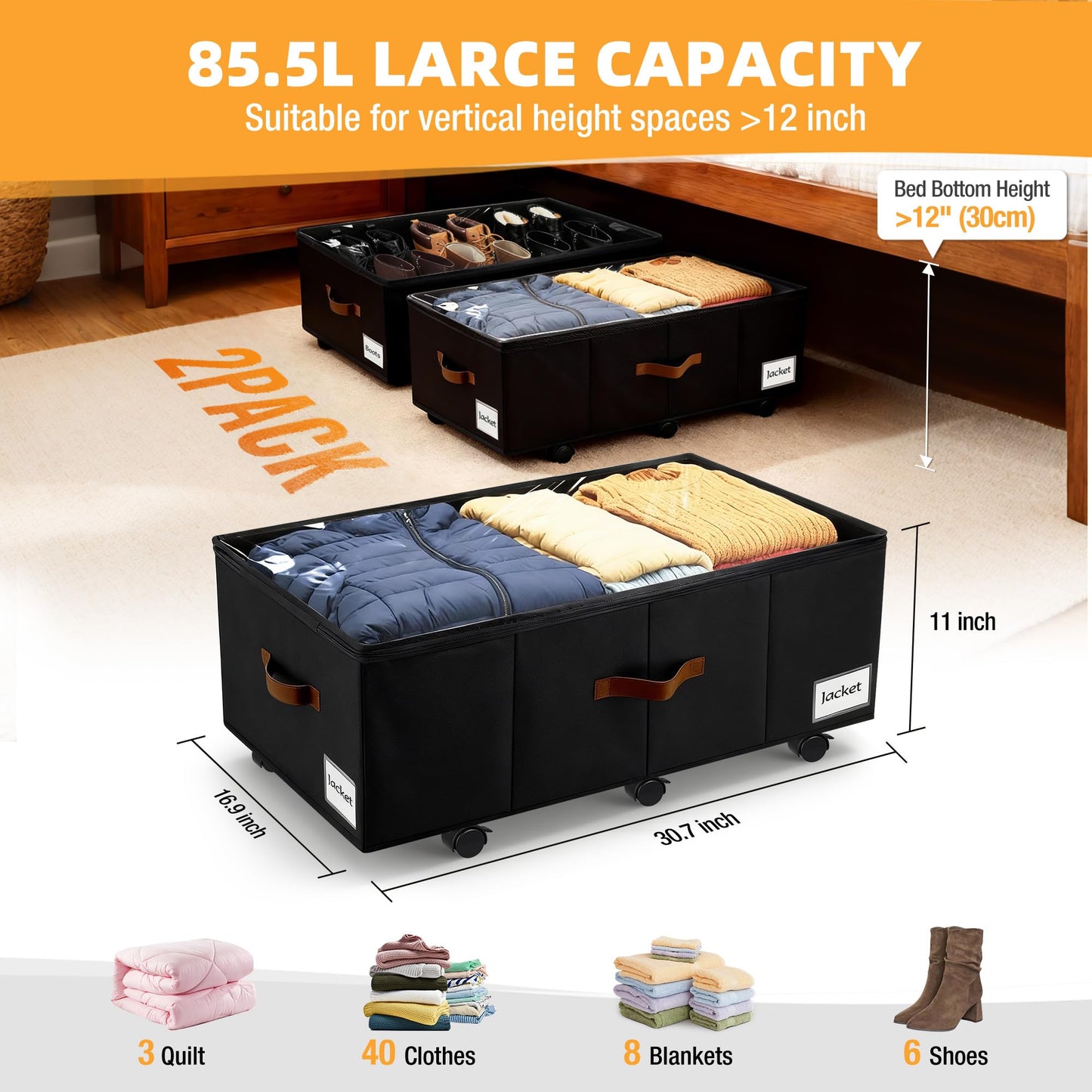 VatFott Under Bed Storage with Wheels,Underbed Storage with Sturdy Sidewalls/Bottom, Clear Cover, Label and PU Handle, Rolling Under Bed Drawers for Clothes, Shoes, 11 Inch Height,Black, 2 Pack