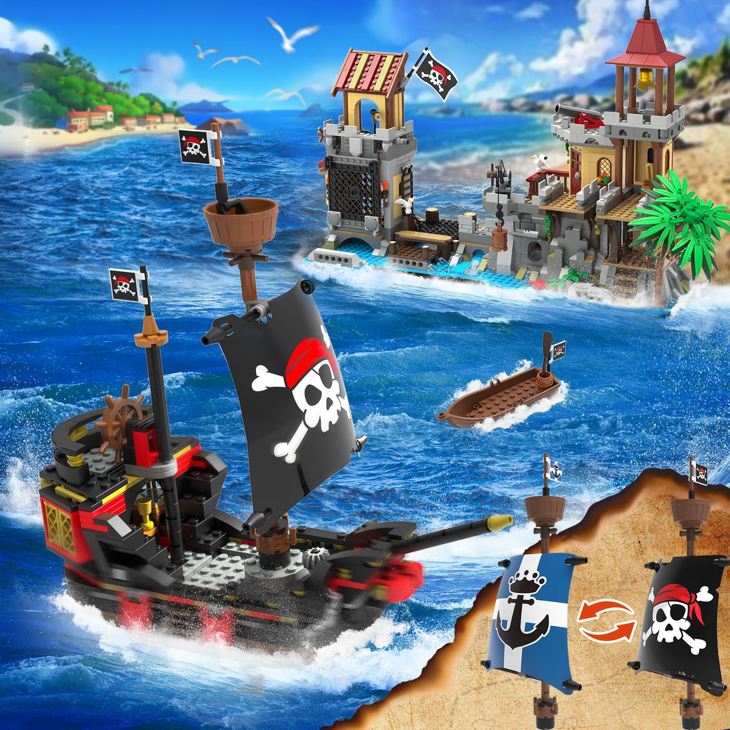 INSOON Pirate Castle Building Set with Light, 3 Modes Big Pirates Ship Bay Building Block 1502 PCS, Medieval Pirate Wharf House Construction Model Toy Home Decor for Adults Teens Boys Girls 10+