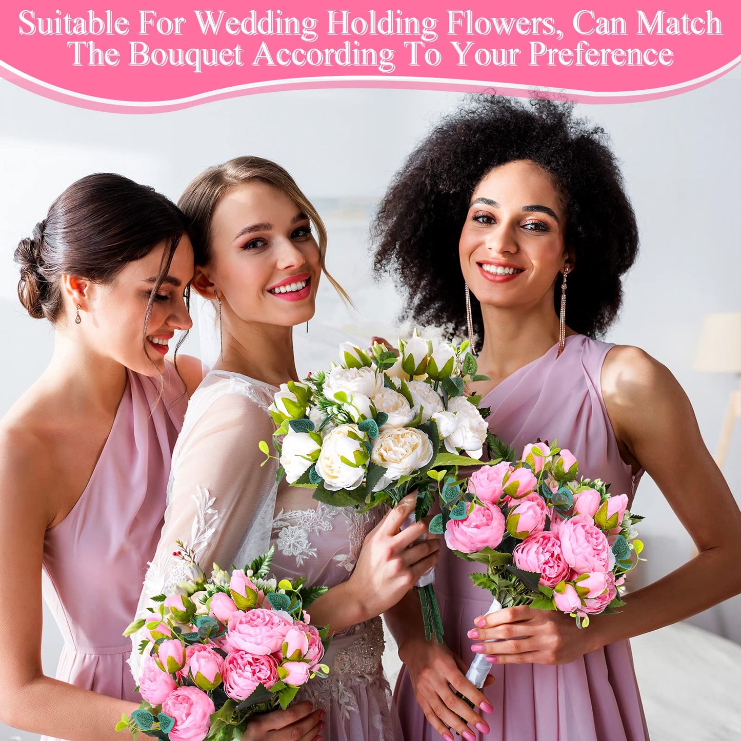 Hoteam 24 Bundles Artificial Peonies Flowers Wedding Faux Flowers Silk Peony Bouquet Bulk Bride Fake Florals Arrangements for Table Centerpieces Wedding Party Vase Decor (Light Pink, White)
