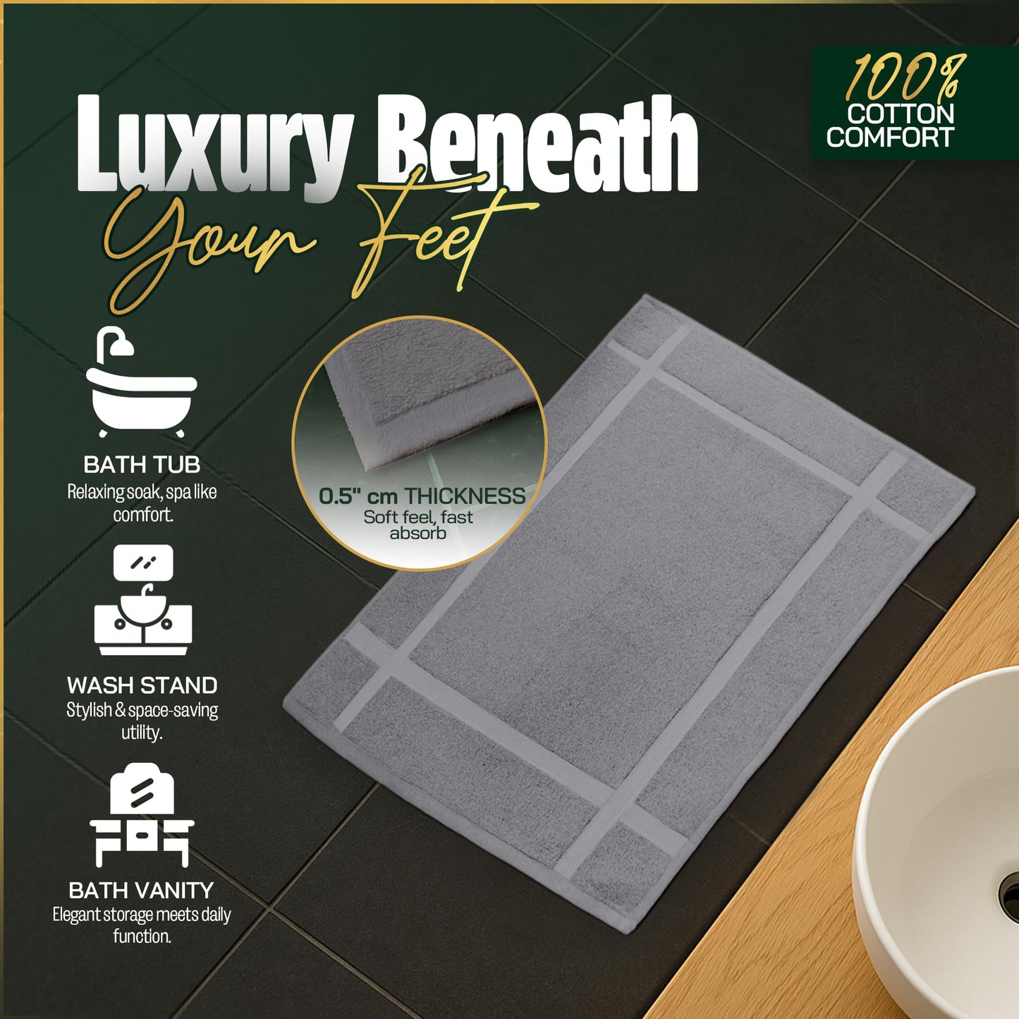 Pearl Linens 100% Ring Spun Cotton Bath Mat (Pack of 6) 20 x 30 Inch, Washable, Soft & Absorbent Terry Bathroom Floor Mat – Not Bathroom Rugs – Quick-Dry After Shower Bath Mat, 687 GSM, Light Grey