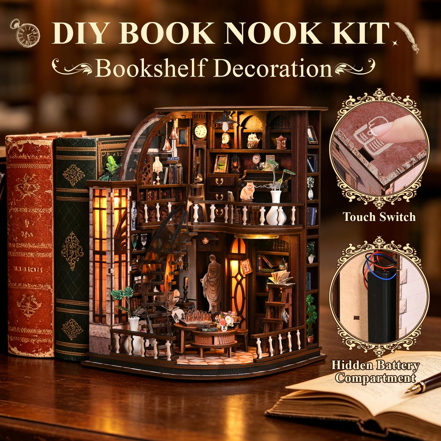 SUNNINO Library Book Nook Kits for Adults, DIY Miniature Dollhouse Bacchus Book Nook Kit, 3D Wooden Puzzle Bookshelf Decor Craft Kits Gift with Led Light for Friend Family