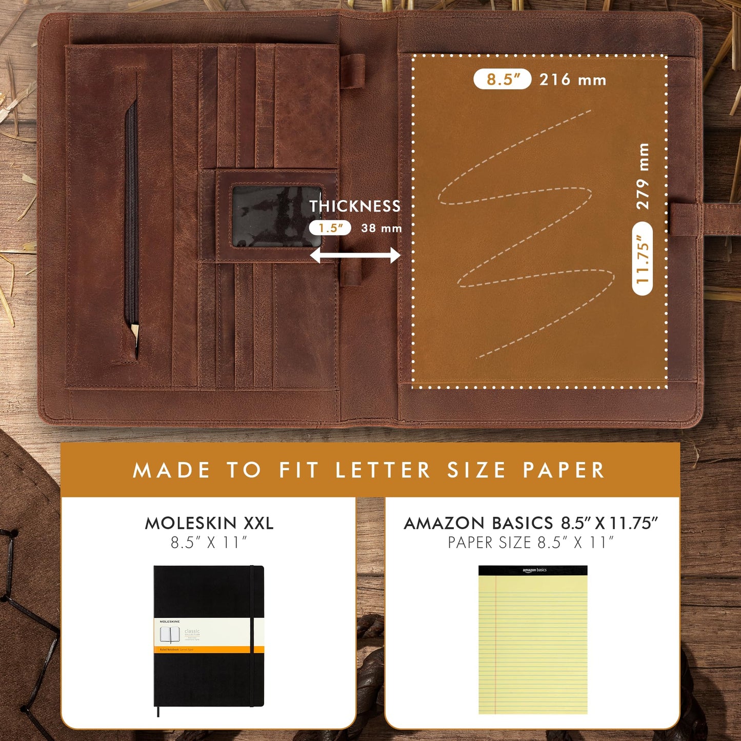 ELIZO Leather Portfolio Padfolio Leather Binder Folder for Men and Women Professional Business Portfolio Organizer Men and Women Saddle Letter Strap
