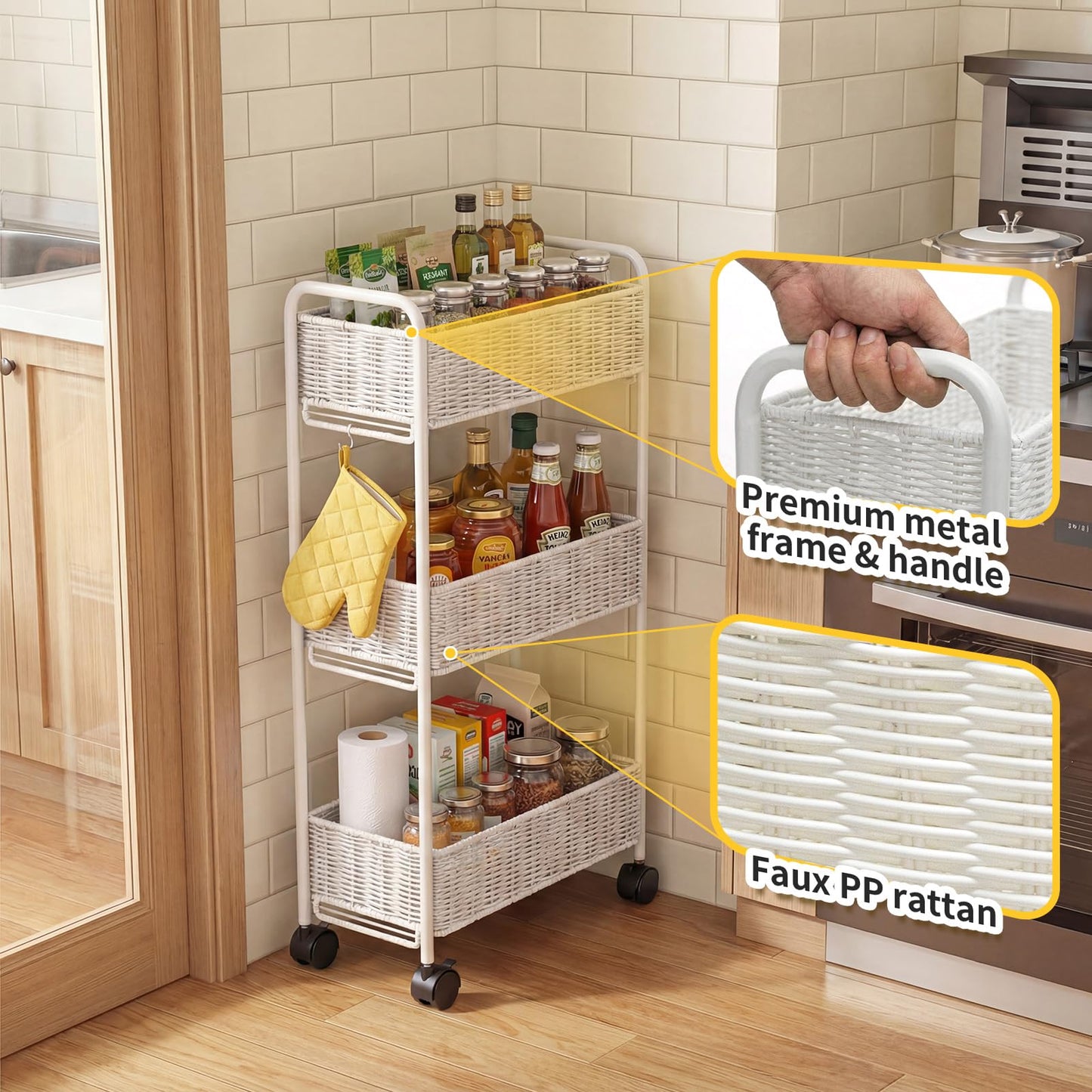FOCHIER F Utility Slim Storage Cart,3-Tier Rolling Kitchen Office Laundry Room Cart,Mobile Shelving Unit Organizer for Living Room Bathroom Baby Diaper Narrow Places (White, UC-White-7.1inch)