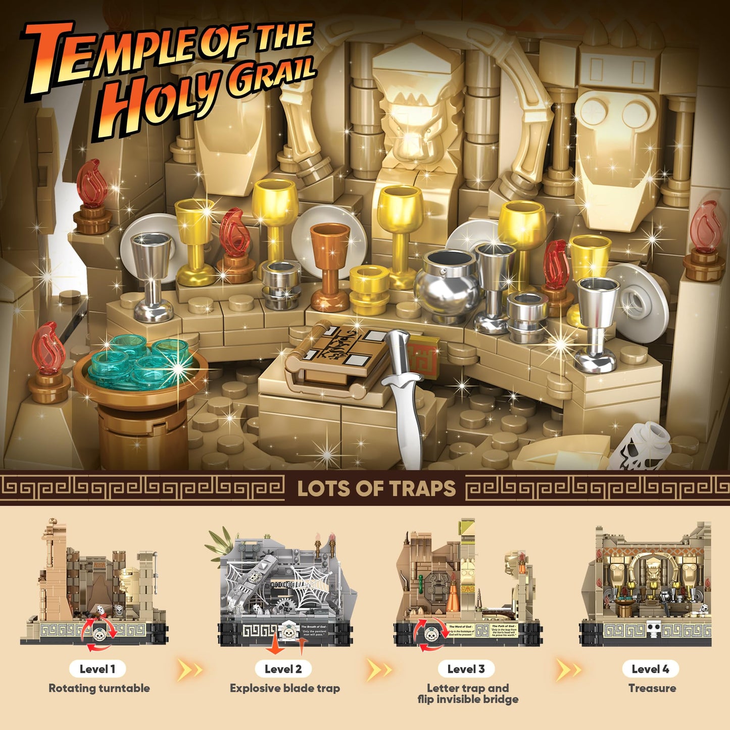 Temple Building Set Ideal for Adult, 5-in-1 Construction Toy Includes Gate, Three Levels and Holy Grail Scene Building Block, Birthday Gift for Kids 8-12 Years Old, 2388Pcs