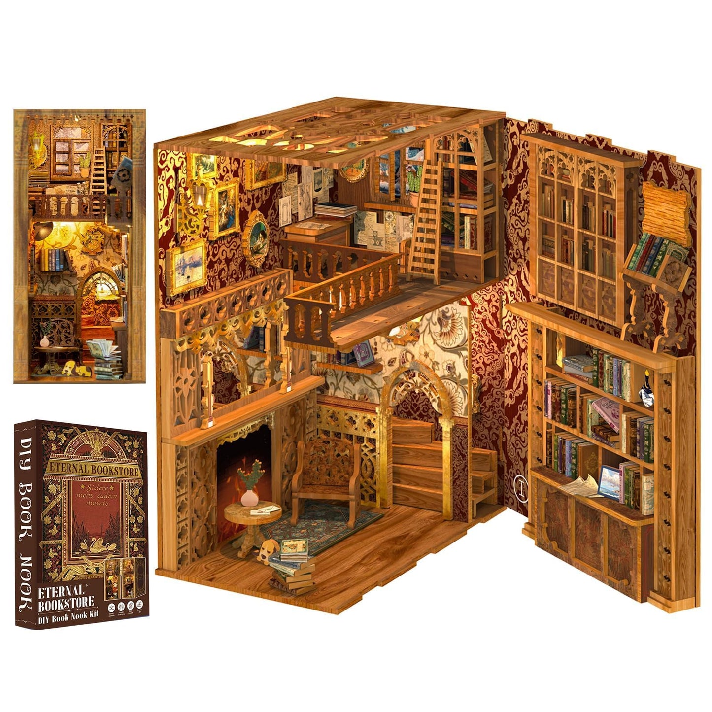 Cutefun Book Nook Kit, DIY Miniature House Kit for Adults, 3D Wooden Puzzle Bookend Bookshelf Insert Decor with LED Light and Dust Cover, Booknook Gifts for Book Lovers (Eternal Bookstore)