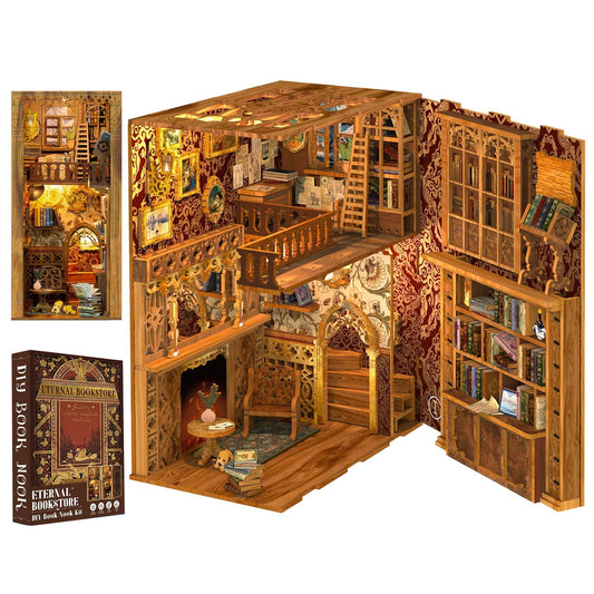 Cutefun Book Nook Kit, DIY Miniature House Kit for Adults, 3D Wooden Puzzle Bookend Bookshelf Insert Decor with LED Light and Dust Cover, Booknook Gifts for Book Lovers (Eternal Bookstore)