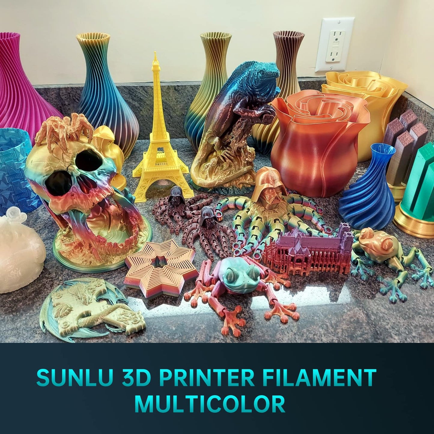 SUNLU 3D Printer Filament, 250G PLA Silk Filament Bundle, 1.75mm Smooth Silk Filament Muticolor, Neatly Wound Filament, 250G Spool, 8 Rolls, Black+White+Light Gold+Silver+Brass+Red Copper+Blue+Green