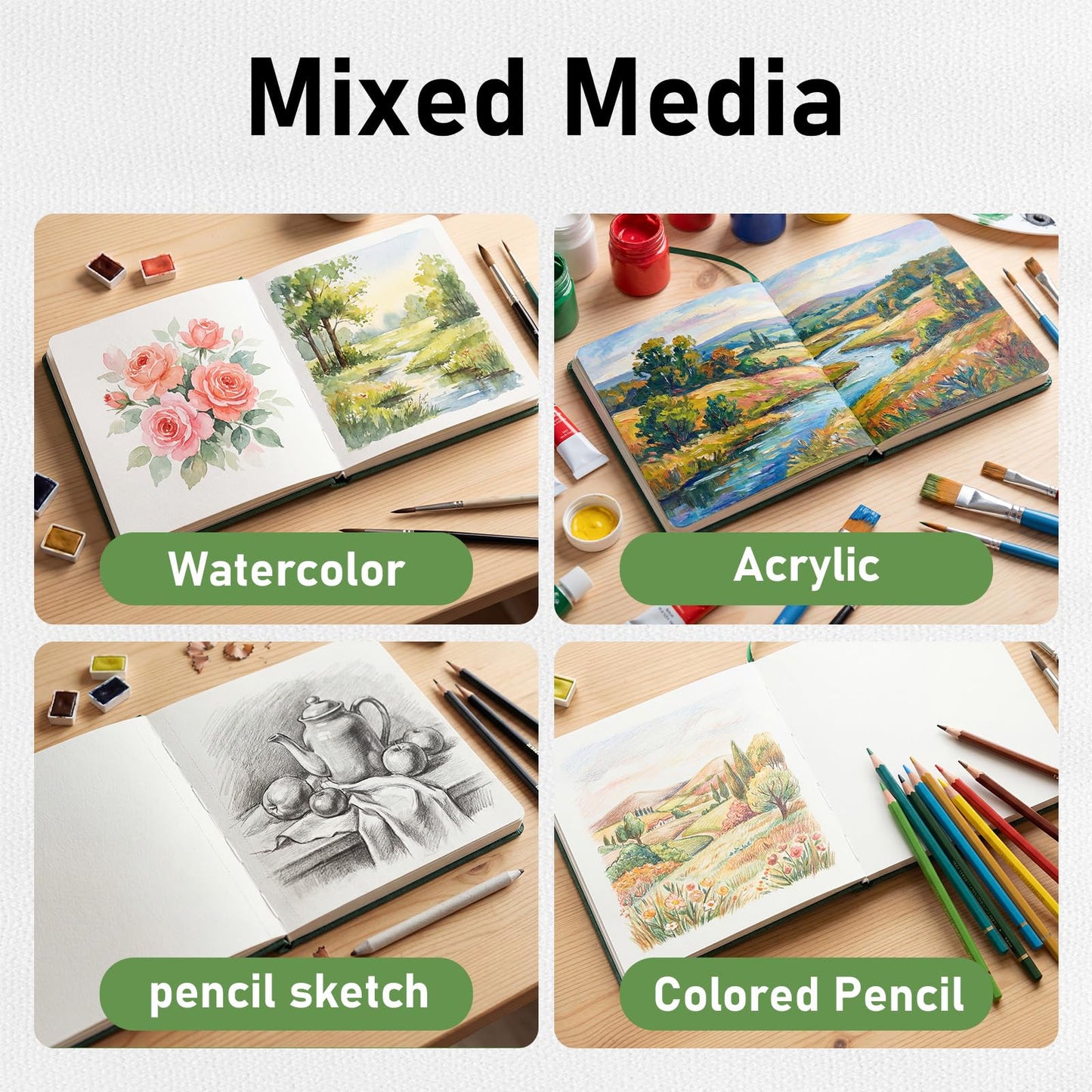 Watercolor Journal 8.5"x8.5"- 100% Cotton, 24 Sheets 48 Pages, 140LB/300GSM Cold Press, with Inner Pocket and Wide Elastic Band - Perfect for Watercolor, Gouache, Acrylic, Ink & Mixed Media