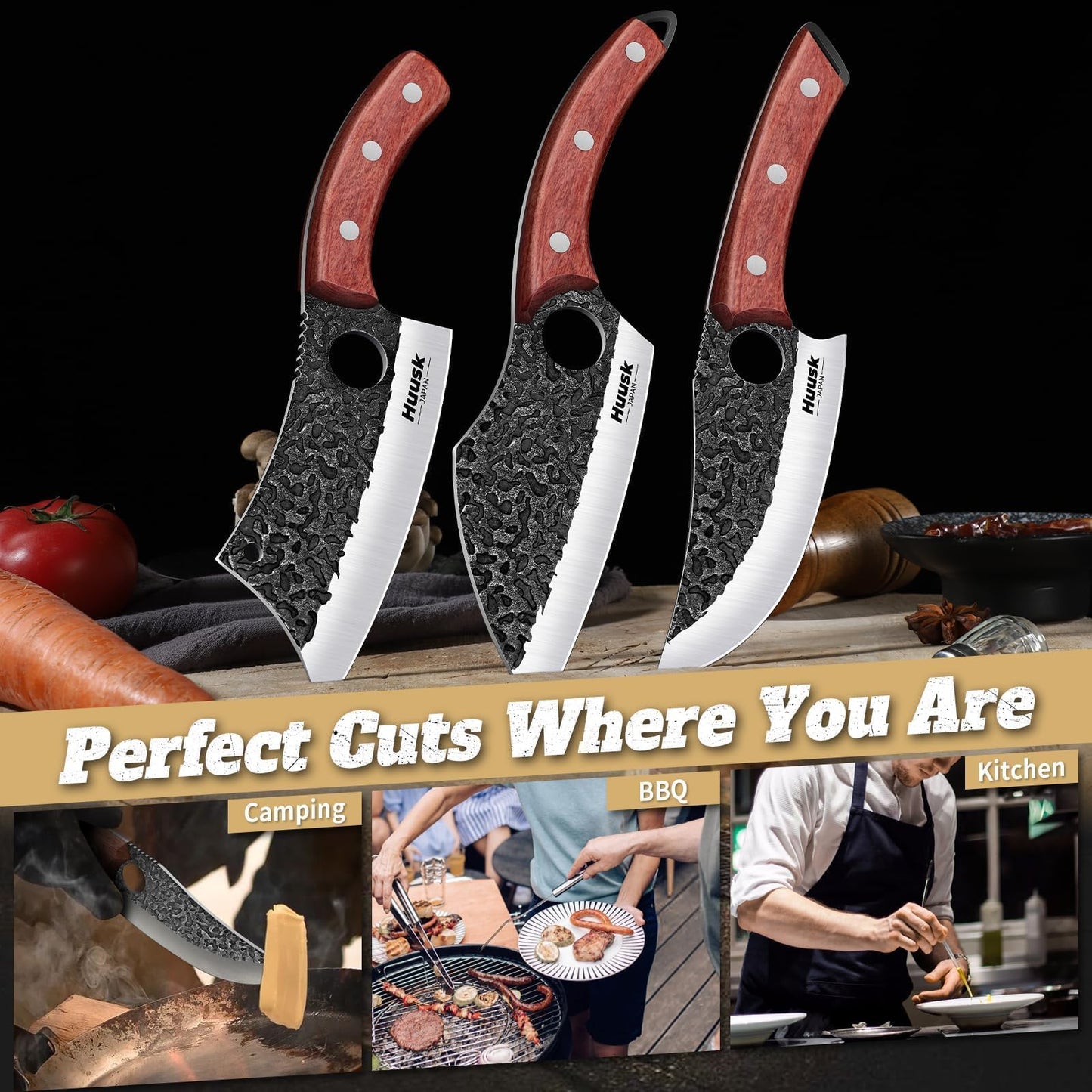 Huusk Butcher Knife Set of 3- Japanese Knife Set for Meat Cutting, Hand Forged Viking Knives Sets with Meat Cleaver, Heavy-Duty Kitchen Knives Sets for Bone BBQ Vegetable, Gift Idea for Men & Women
