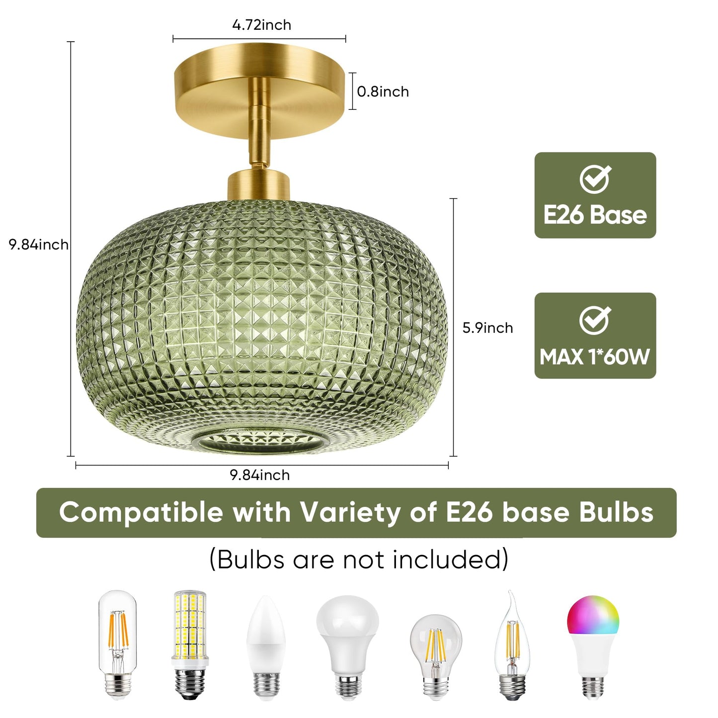 ROTTOGOON Semi Flush Mount Ceiling Light, Adjustable Hanging Gold Sloped Ceiling Lights with Green Glass Shade Vintage Hallway Light Fixtures for Kitchen Bathroom Entryway Bedroom (Bulb Not Included)