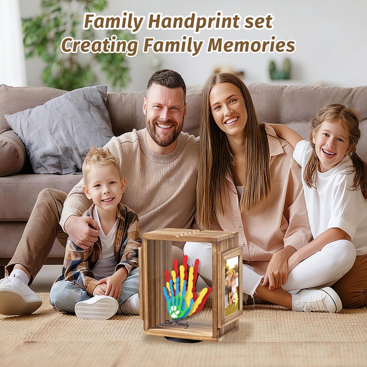 Emfogo 360 Rotating Family Handprint Kit, DIY Craft Keepsake Wooden Frame, Baby Footprint Kit, 5 Paint Colors Included, Non-Toxic Paints&Transparent Sheets, Gifts for Handprint Family Keepsake（Brown）