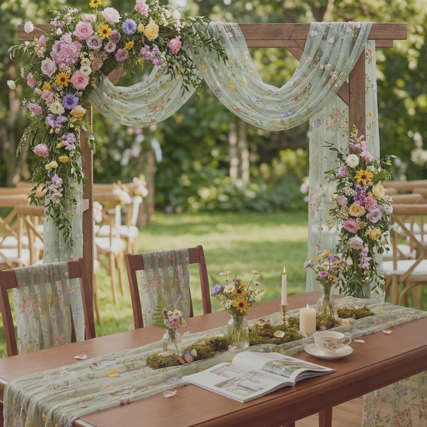 Windkream Sage Green Floral Table Runner 10ft Embroidery Tulle Spring Wildflower Table Runner Seasonal Summer Butterfly Kitchen Dining Gauze Decoration for Wedding Baby Shower Birthday Party (3 Pcs)