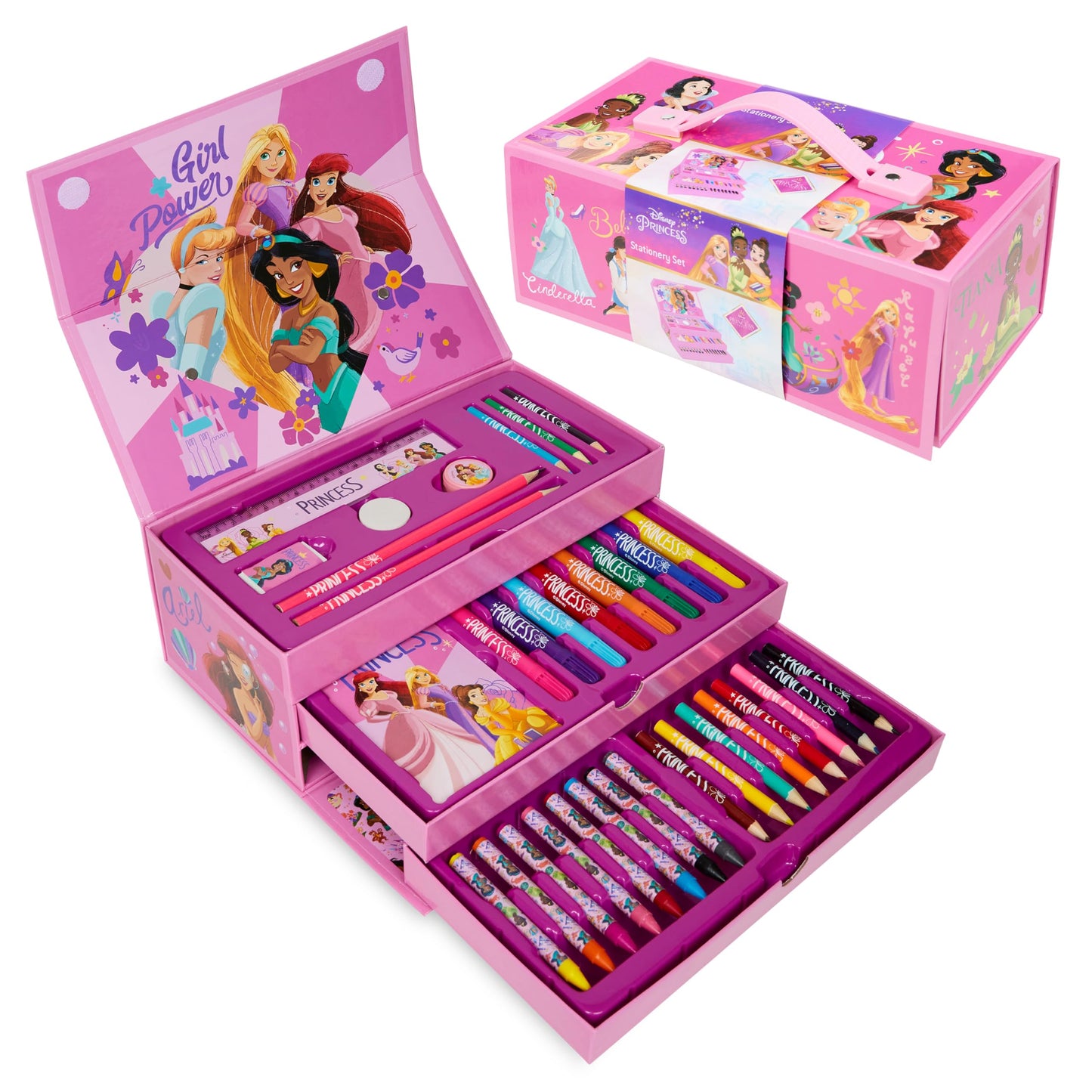 Disney Kids Coloring Pencils Markers Crayons Art Supplies in Box - Kids Gifts (Pink Princesses)