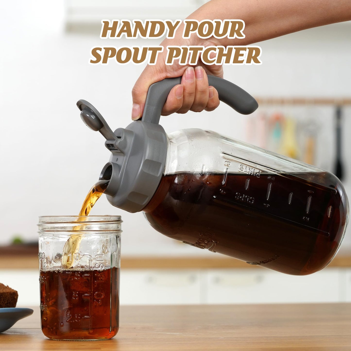 Soligt Glass Mason Jar Pitcher with Lid, Wide Mouth Flip Cap Pour Spout Leak-proof Lid with Handle, 64 oz/2 Quart, for Iced Coffee/Sun Tea Juice/Cold Brew/Milk (2 Pack, Dark Gray + Light Gray)