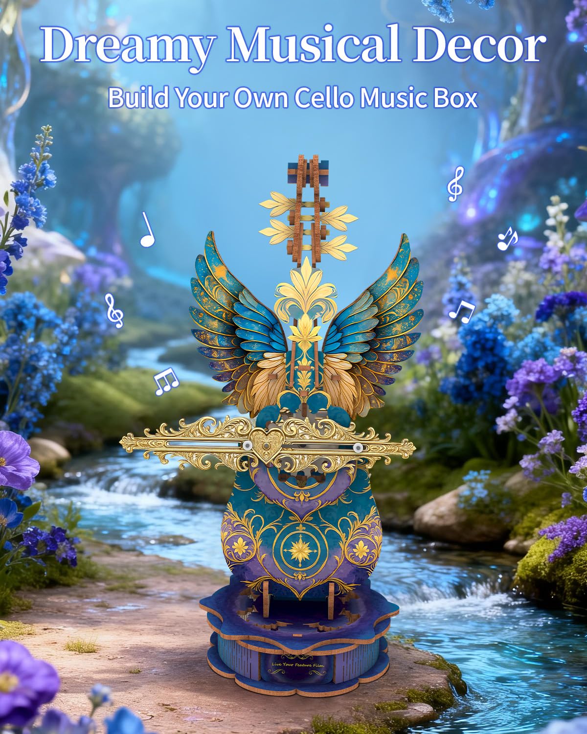 Rnfinewow 3D Puzzles for Adults, Mechanical Wooden Cello Music Box Puzzles, DIY Blue Feather Cello Music Box Crafts Model Kits for Home Decor Holiday Birthday Gifts