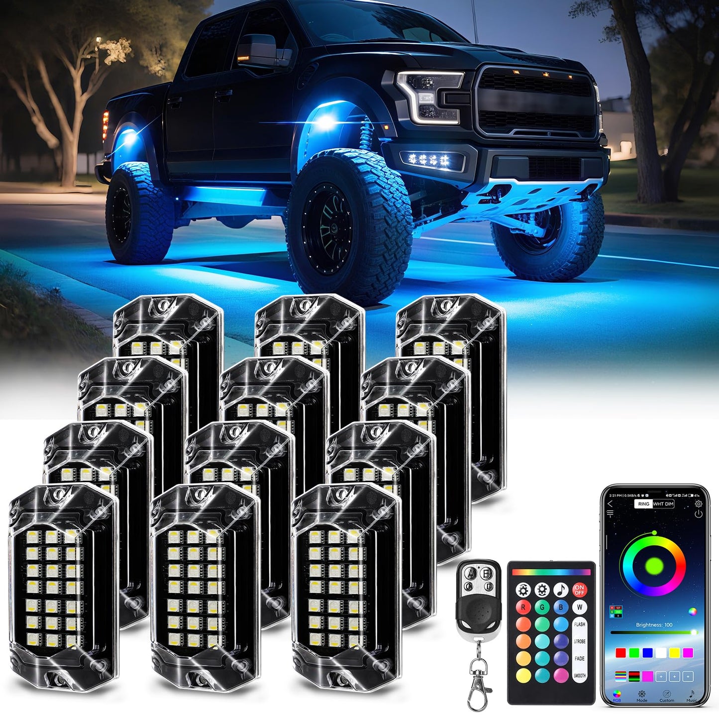 12 Pods Full Angle RGBW LED Rock Lights, 6500K Pure White RGB Rock Light for Truck Jeeps Pickup Offroad Golf Cart SUV UTV Underbody, 12V Waterproof Neon Underglow Kit with APP/RF Remote Sync Music