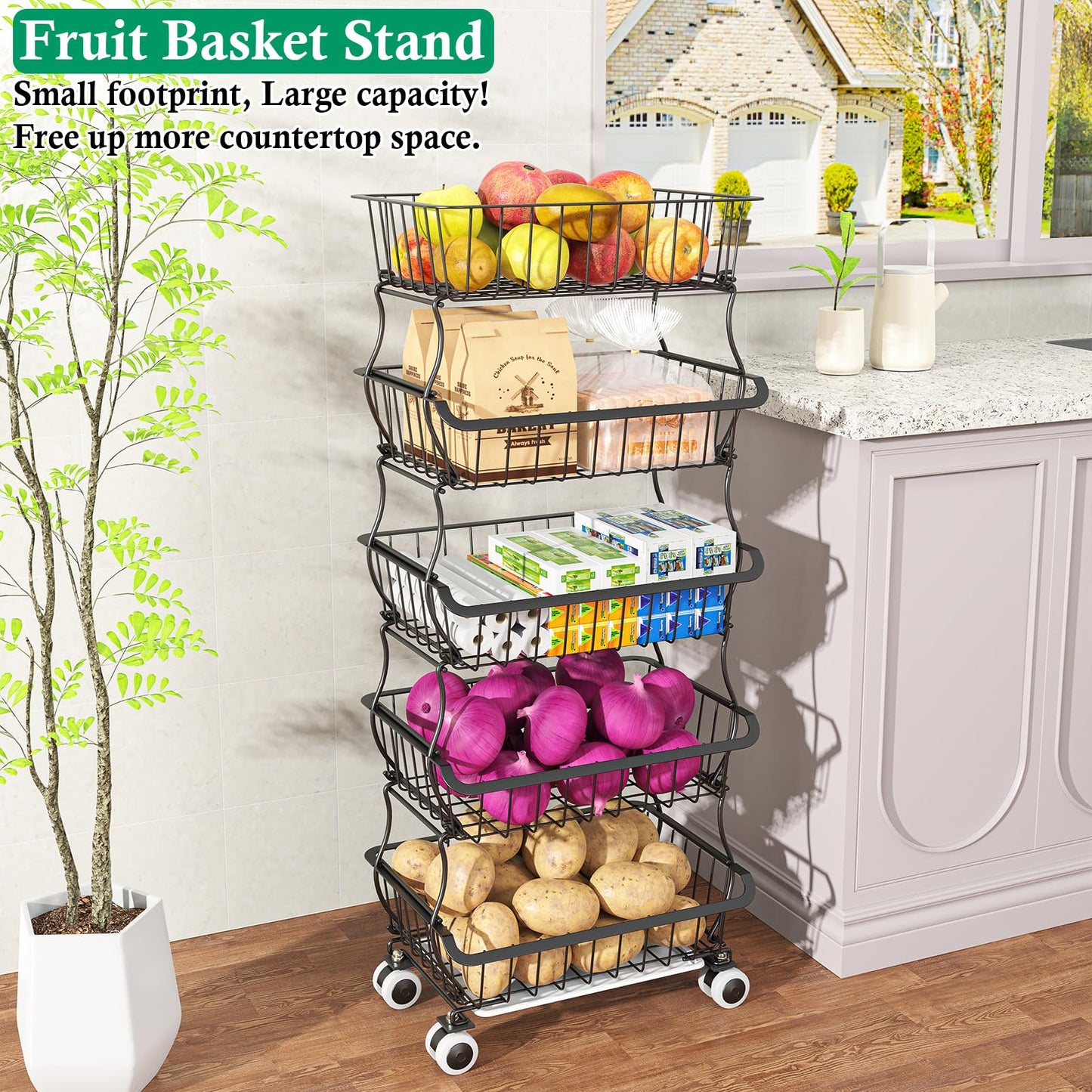 OKZEST 5 Tier Fruit Basket for Kitchen, Stackable Bins Wire Rack with Wheels, Fruit and Vegetable Storage Basket Pantry Food Snack Organizer Shelf, Kitchen Storage Cart for Onion and Potato, Produce