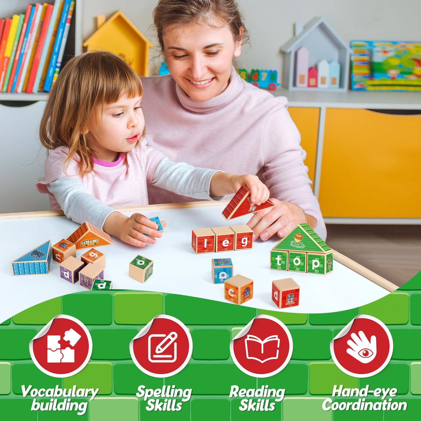 Kasfalci CVC Word Games,Phonics Games for Kids Toddlers,Speech Therapy Toys,Wooden Alphabet Letter Blocks,Site Words,Learn to Read Reading Learning Spelling Games for Preschool Kindergarten Classroom