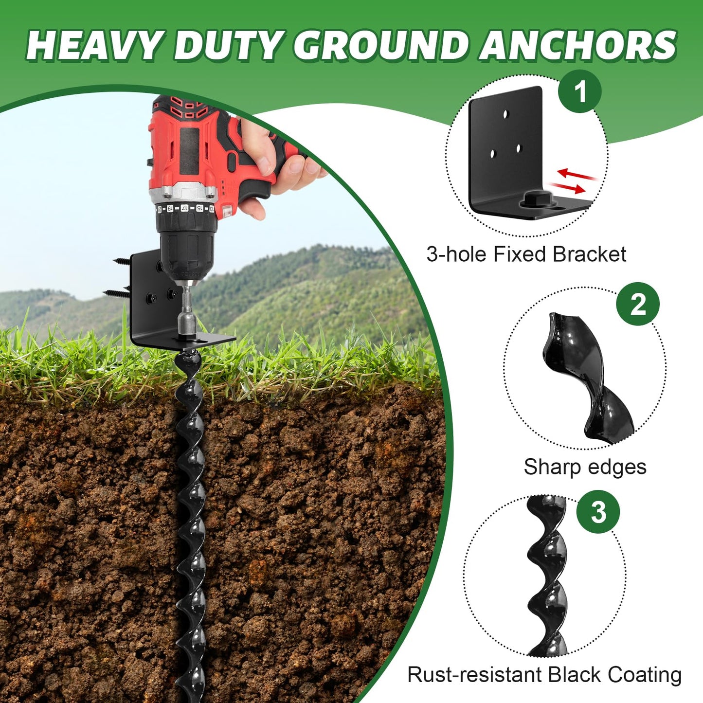 25in Full Spiral Blade Ground Anchor Screw in, Heavy Duty Shed Anchors Kit Mobile Home Anchor for Carports, Gazebo, Storage Sheds (4 Pack)