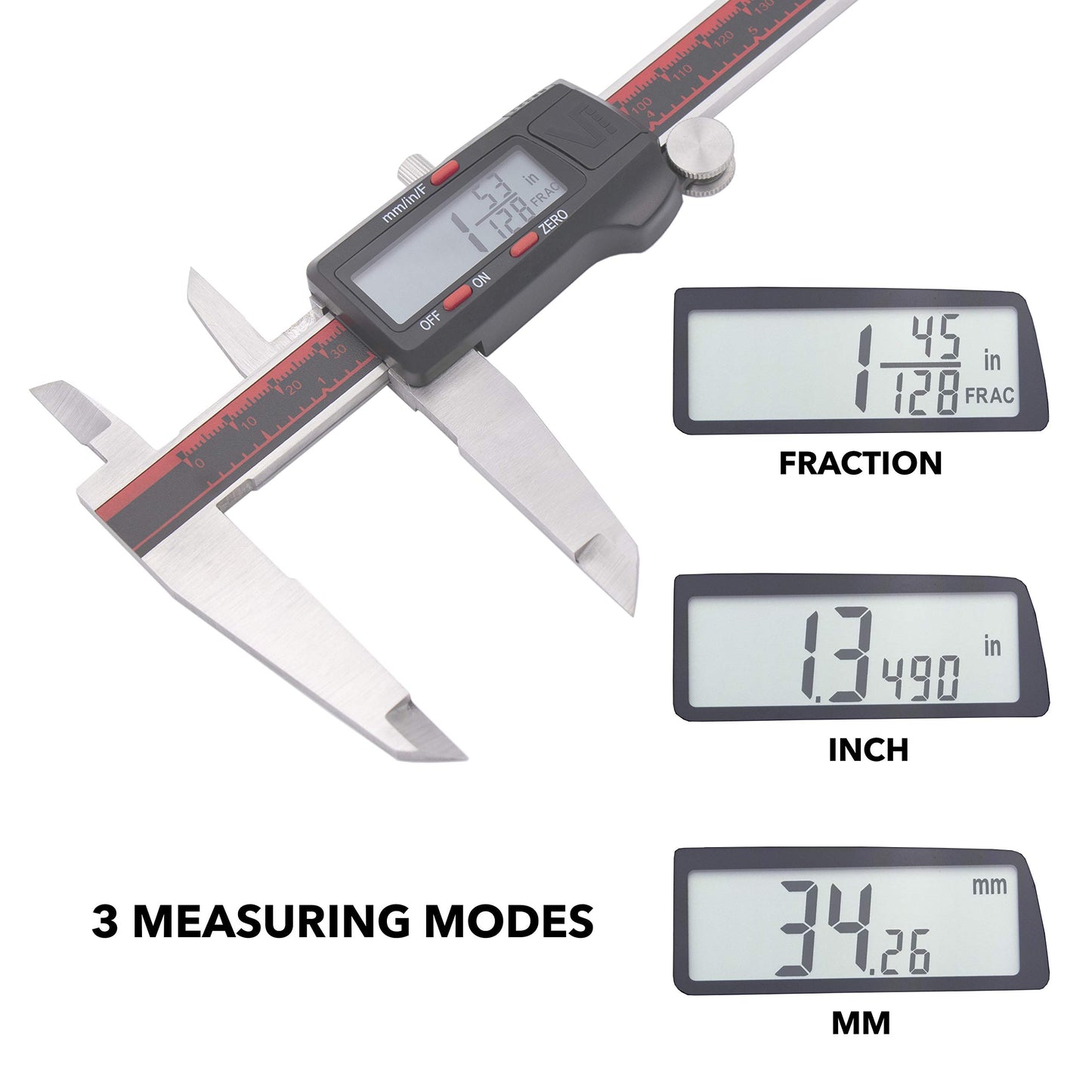 VINCA Digital Caliper, DCLA-1205 12 Inch/300mm, Inch/Millimeter/Fraction Conversion, Stainless Steel, Large LCD Screen