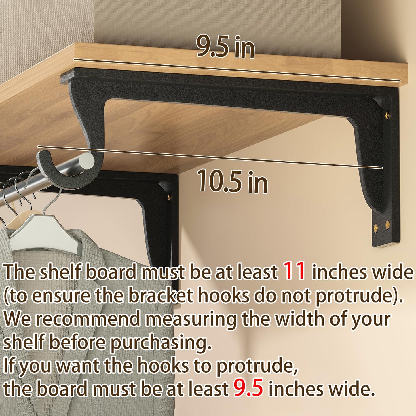 Closet Rod Brackets Heavy Duty Support 400 lbs WYGWP Wall Mounted Closet Shelf Brackets with Rod Holder for Closet, Bathroom and Kitchen (4pack Black)