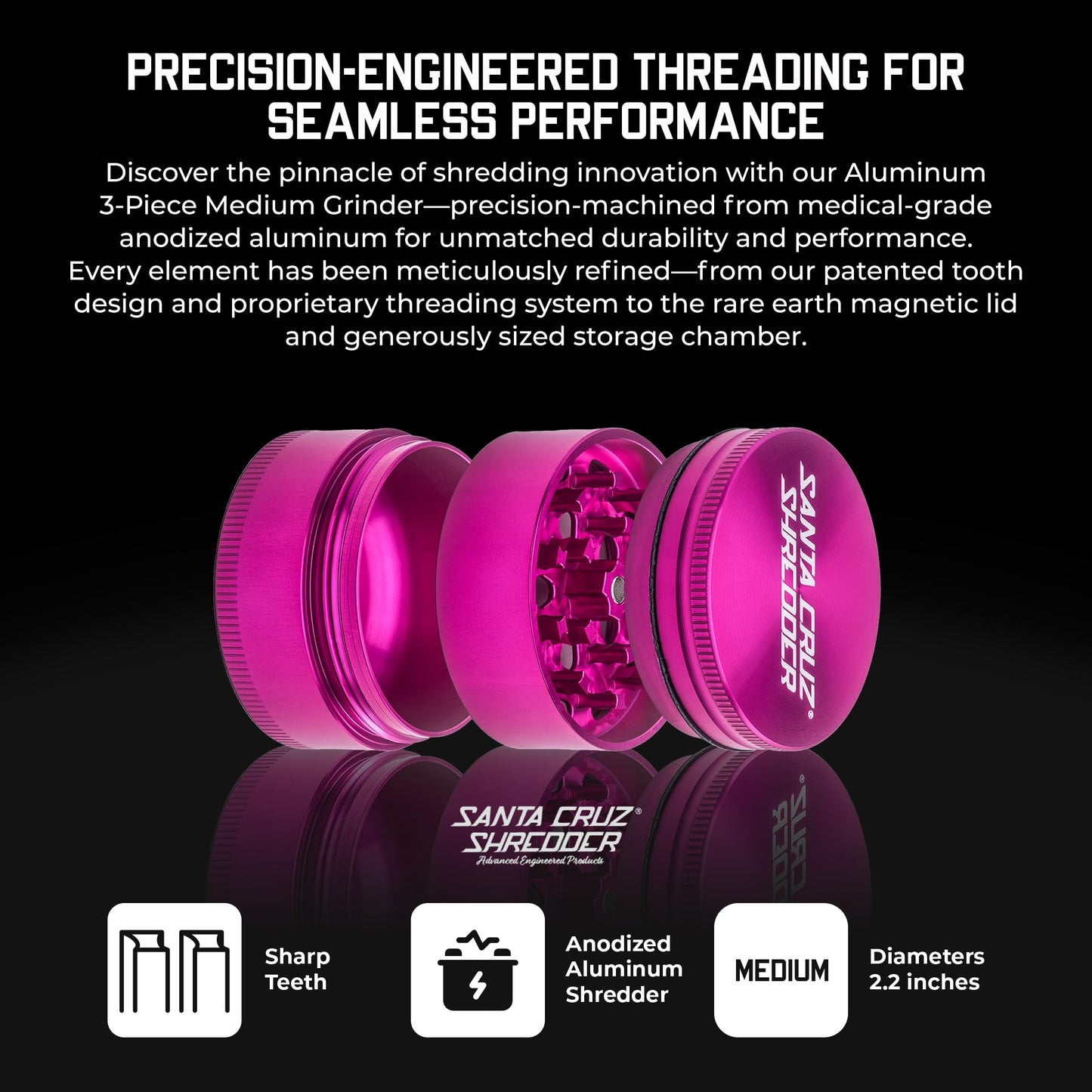 Santa Cruz Shredder Metal Spice Grinder Knurled Top for Stronger Grip 3-Piece Medium 2.2" (Pink)