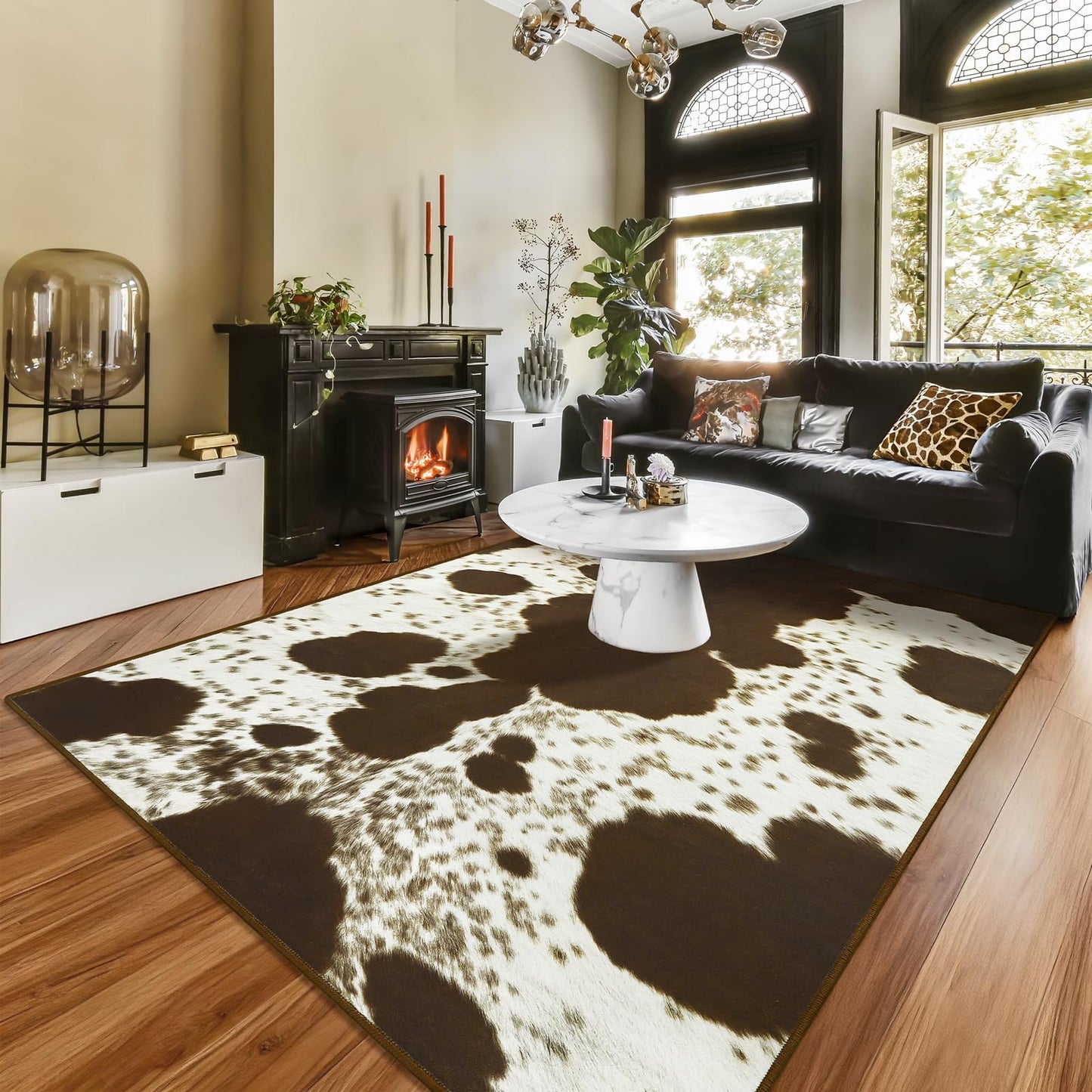 Amearea Faux Cowhide Rugs for Living Room, 5x7 Feet Machine Washable Cow Print Area Rug for Bedroom, Premium Western Home Decor Animal Print Non-Slip Throw Rug Carpet for Dining Room Kitchen Office