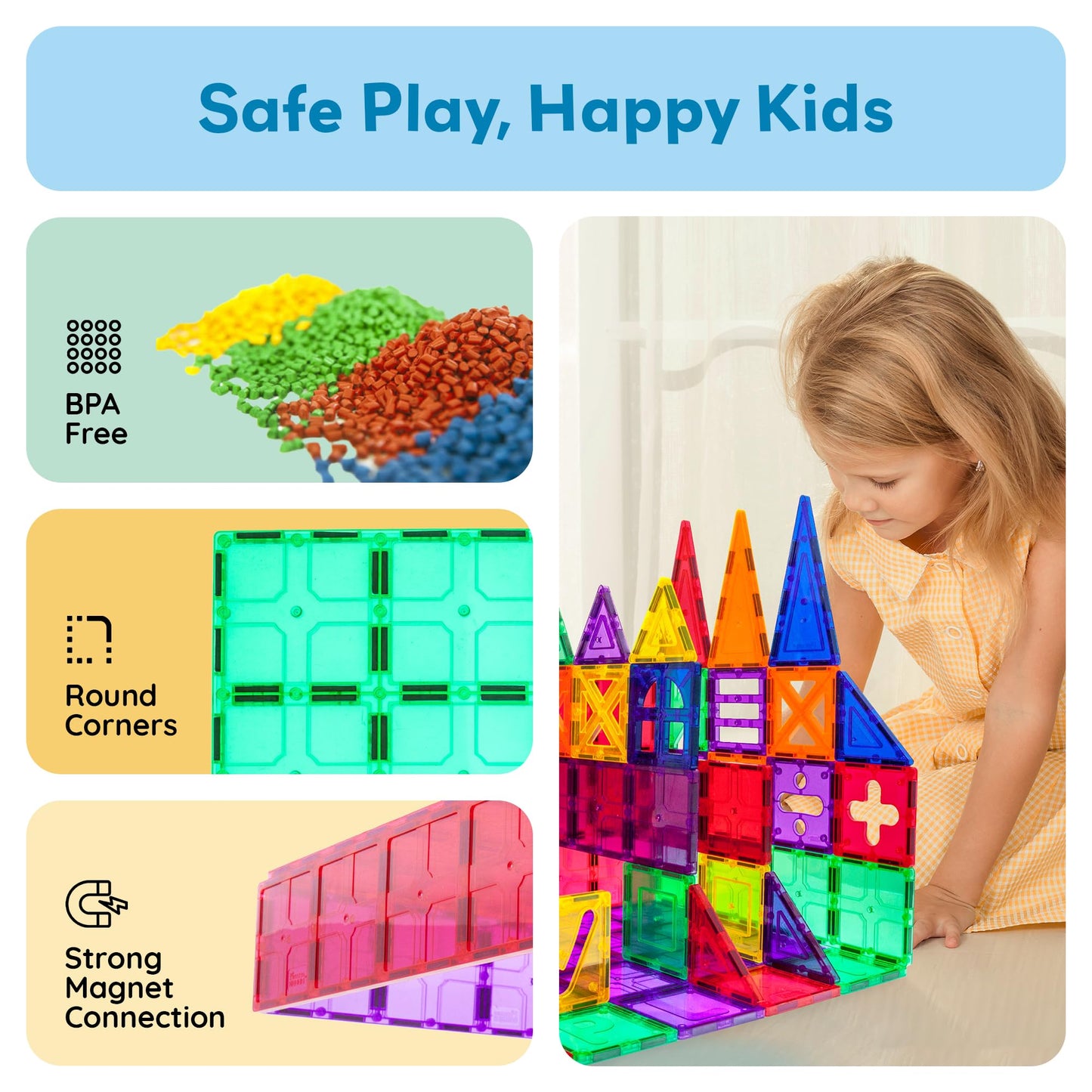 PicassoTiles 60pc Magnetic Building Block Magnet Tile Toy Shop Theme Pretend Play Construction Kit Reconfigurable Printed Structure Double-Sided Printing Education STEM Learning Playset Ages 3+ PTQ50