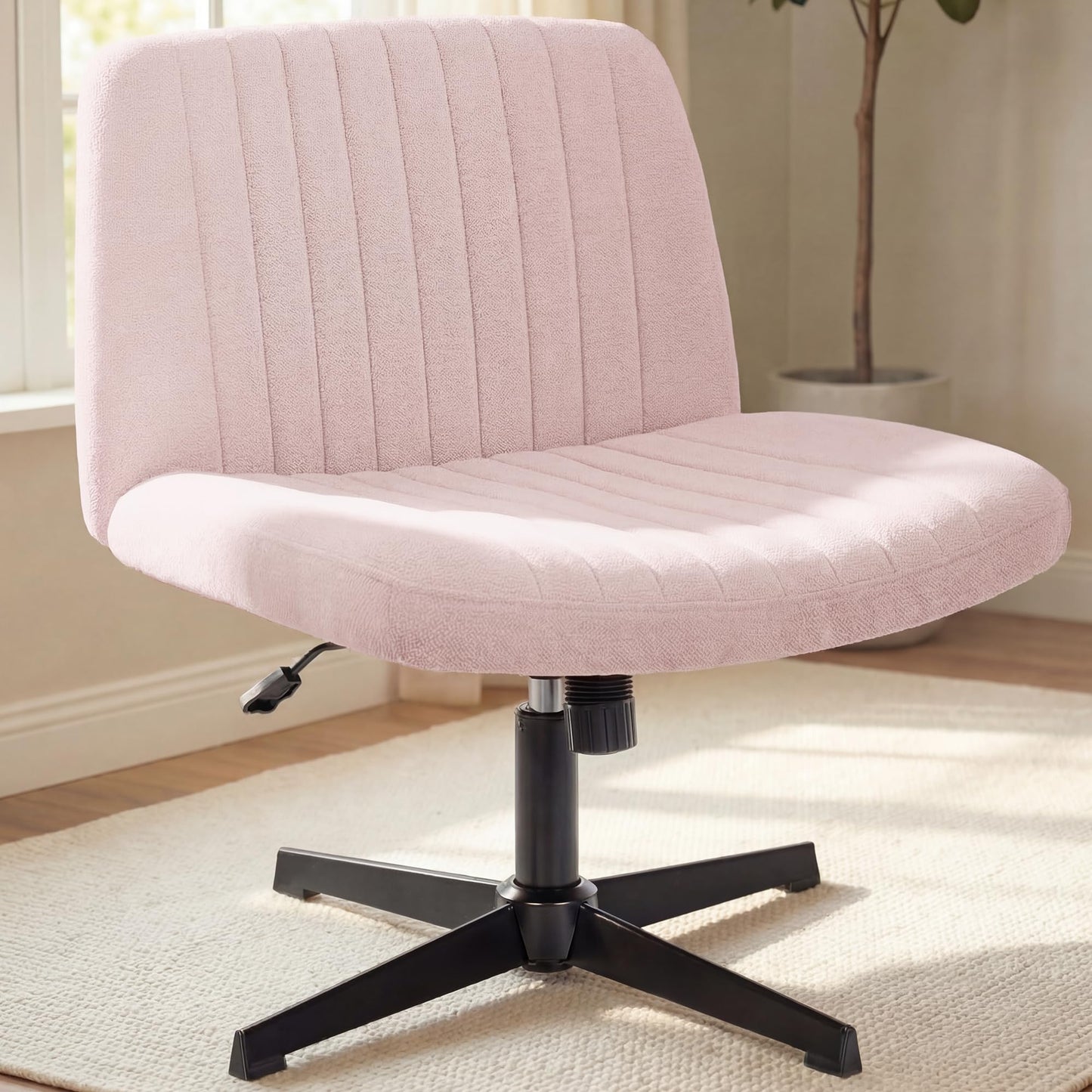 NEO CHAIR Criss Cross Chair No Wheels Armless Cross Legged Office Desk Wide Comfy Vanity Makeup Chair Adjustable Computer Task for Home Office Fabric (Pink)