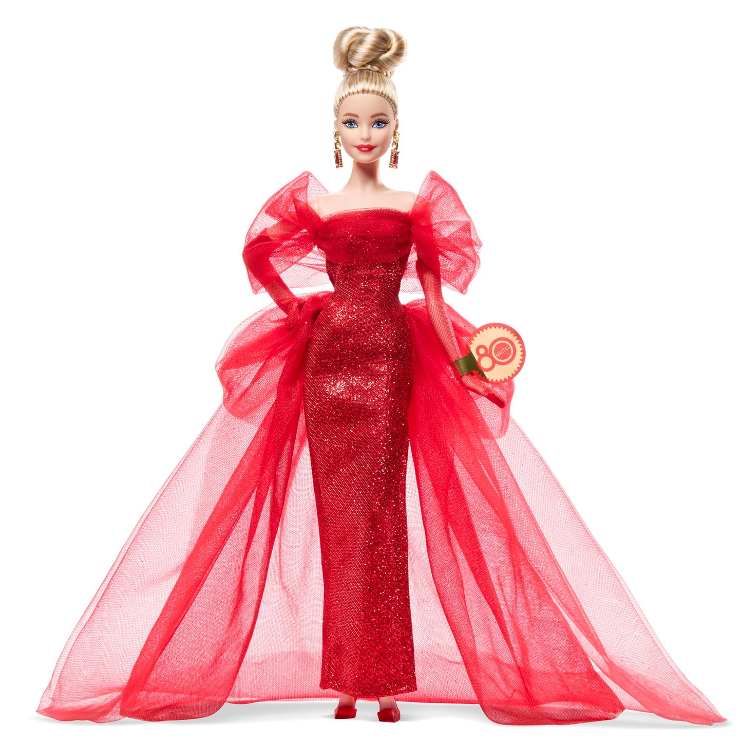 Barbie Signature Doll, Mattel 80th Anniversary Collectible in Glittery Red Tulle Gown with Drop Earrings and Sheer Gloves, Blonde Hair
