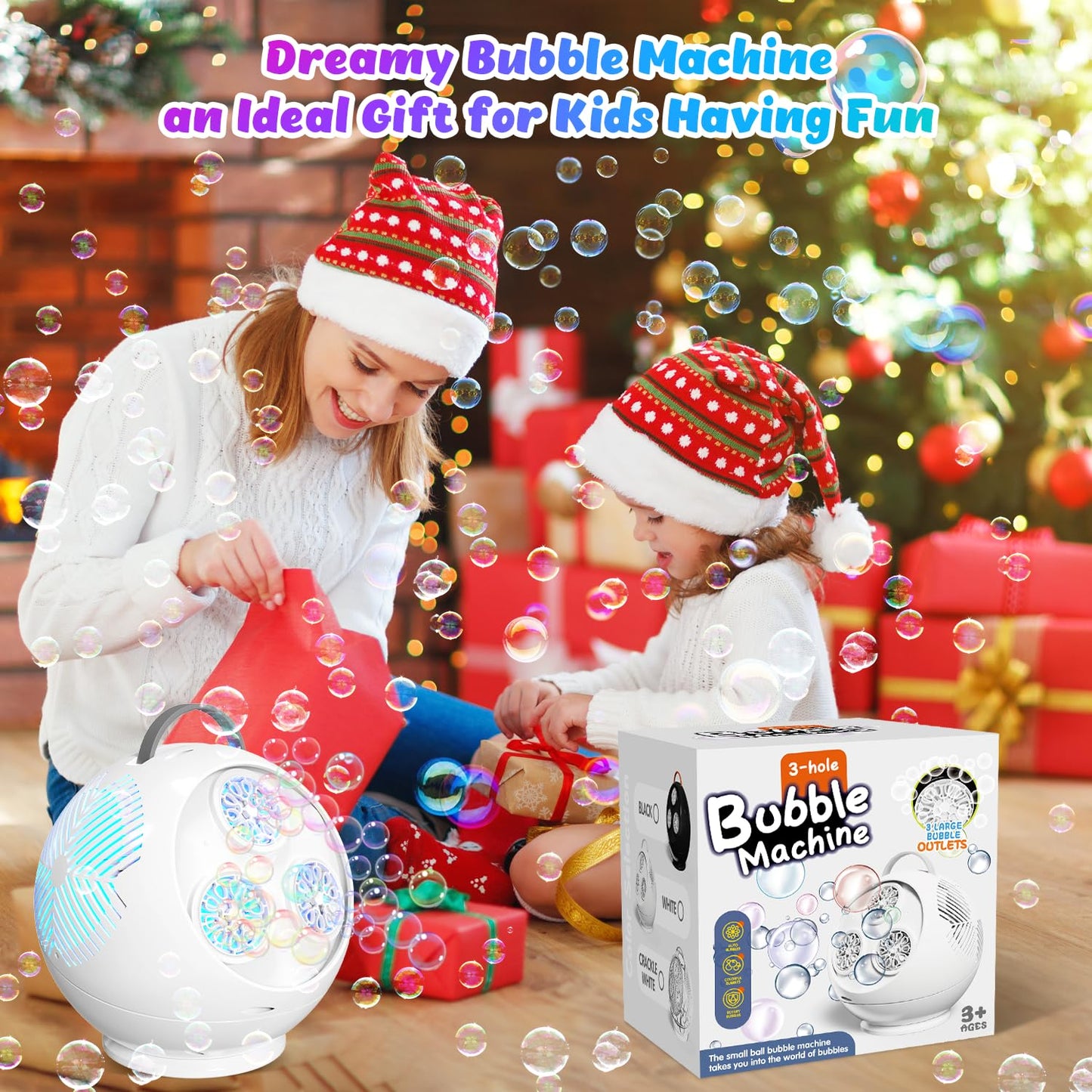 Bubble Machine for Kids Toddlers,45°/360° Automatic Rotation Spherical Bubble Maker Toy with RGB Light,Rechargeable Type-C Charge Bubble Blower,Outdoor Wedding Party Birthday Gifts (White)