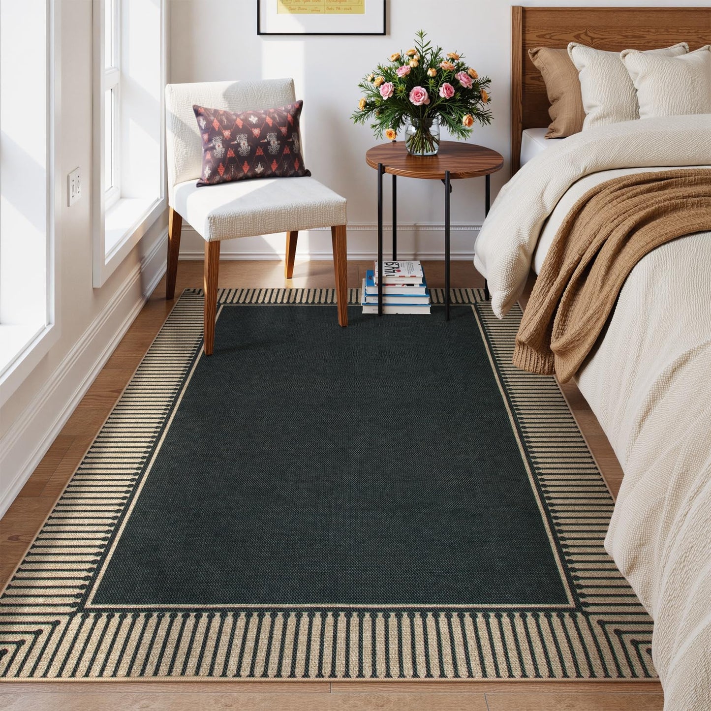 Moynesa Striped Border Easy Jute Outdoor Rug 5x7 Area Rugs for Living Room, Washable Indoor Outdoor Patio Rug Non Slip Low Pile, Black Farmhouse Carpet for Backyard Bedroom Dining Room