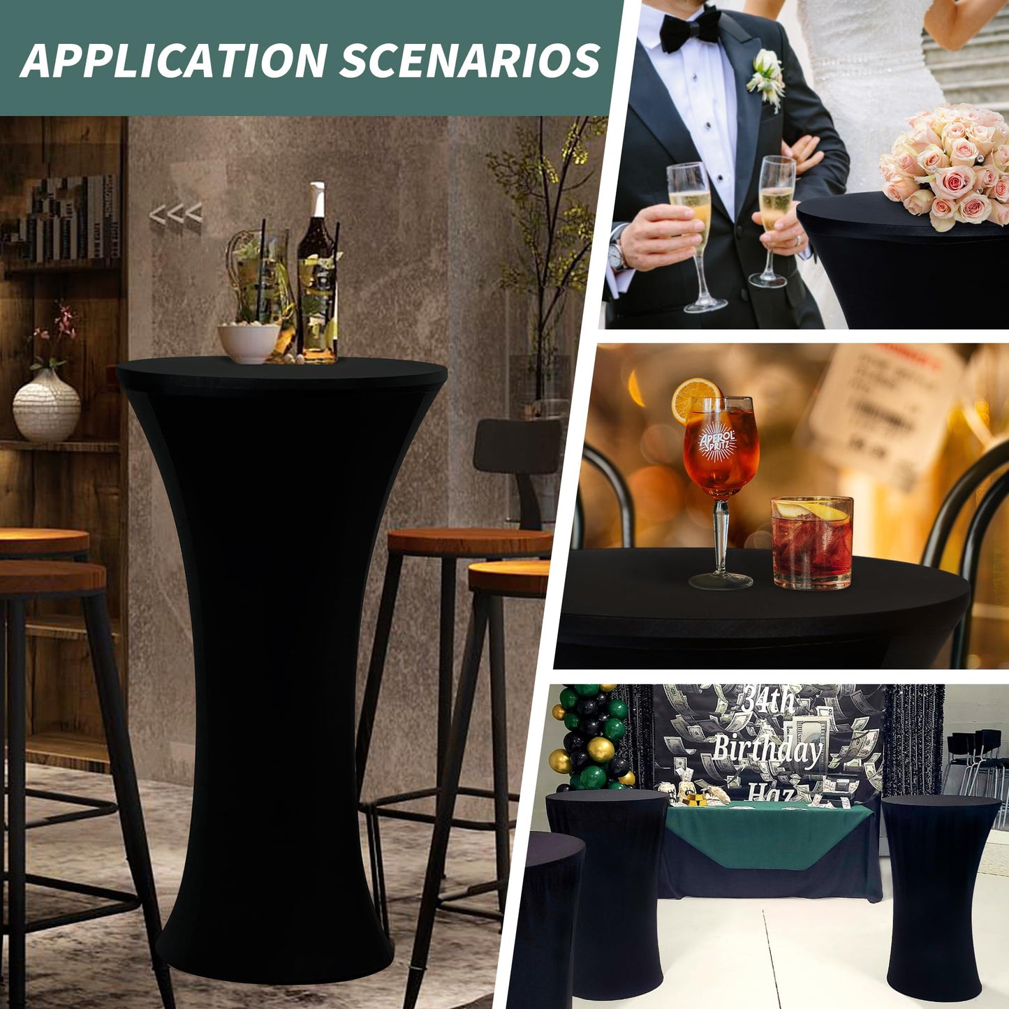 Wolkemer 4PCS 24x43 Inch Black Round Cocktail Tablecloth Fitted Highboy Stretch Cocktail Table Cover for Banquet Bar Party Pub Wedding Indoor Outdoor