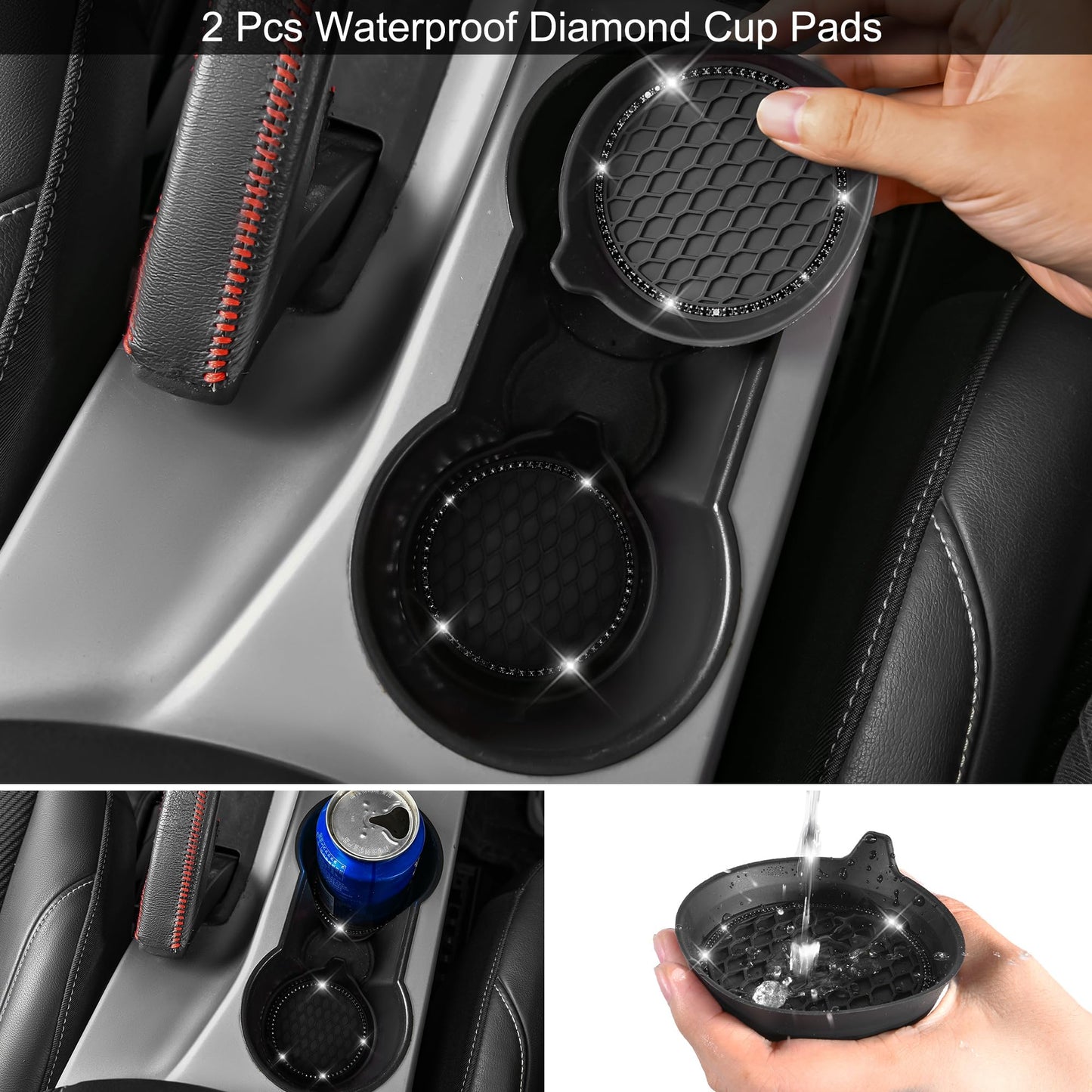 CAR PASS 30 PCS Bling Diamond Car Accessories Set for Women, Bling Steering Wheel Covers 15 Inch, Shining Rhinestone License Plate Frame, Sparkly Phone Holder, Cute Interior Set Decorations, Black