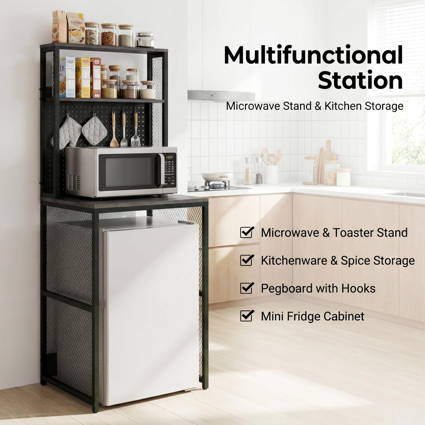 KirKical Mini Fridge Stand Shelf with Storage, Bakers Rack Coffee Bar Table Microwave Oven Stand with Mini Fridge Space for Home Kitchen Dorm, Slate Grey