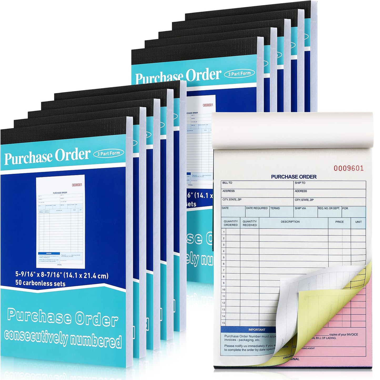 Lincia 10 Pack Purchase Order Book 3 Part Carbonless Purchase Order Forms for Small Business with Carbon Copies Cover, 50 Sets Per Book, 8.4 x 5.5 Inch