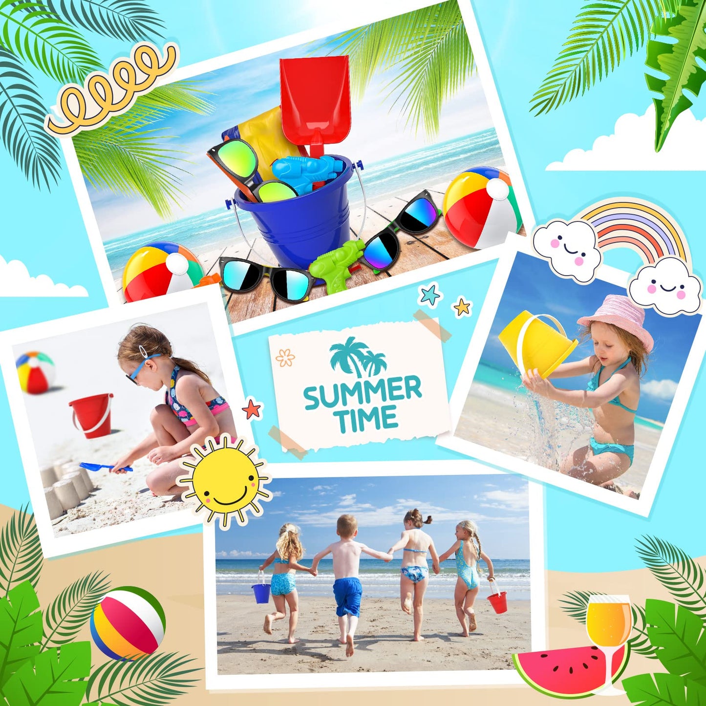 Pool Party Favors Beach Party Favors - 60 PCS Pool Toys For Kids Ages 3-8 Beach Balls Bulk, Sand Bucket and Shovels Set, Kids Sunglasses Bulk, Beach Summer Toys, Pool Party Supplies,Sand Toys