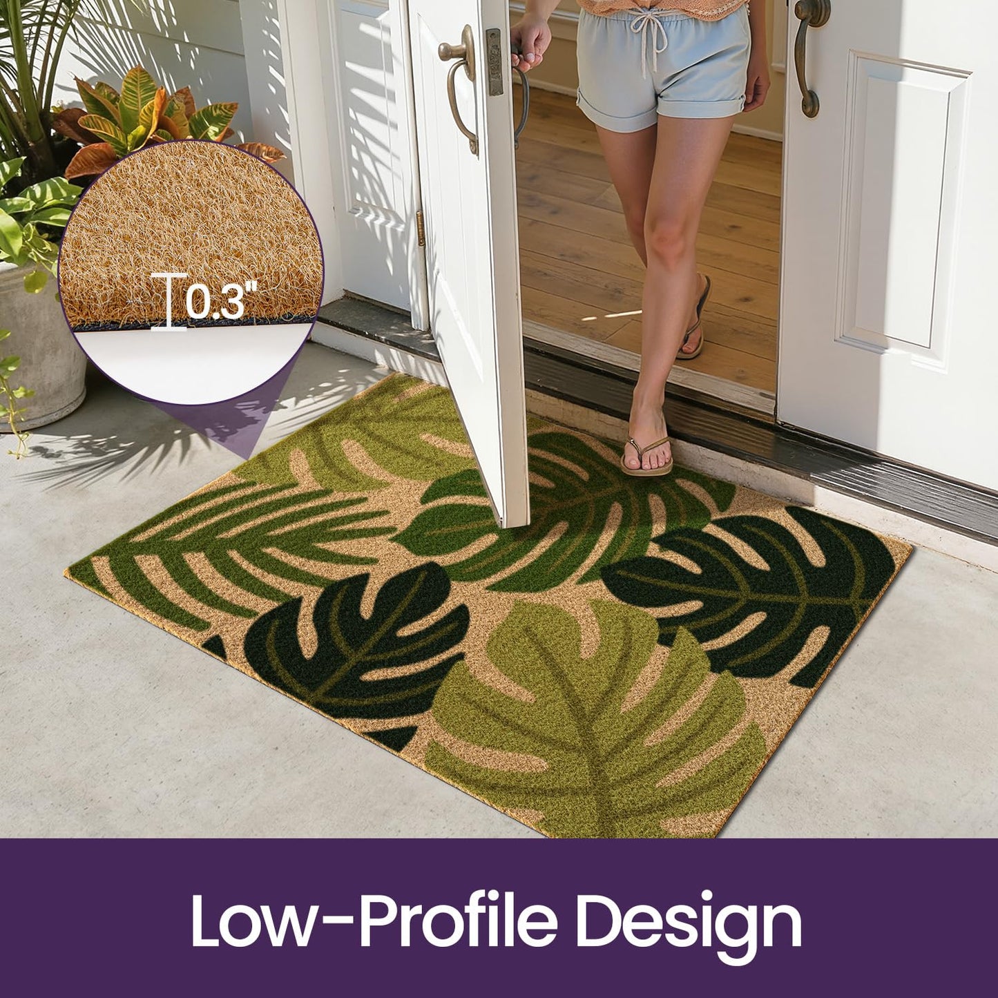 DEXI Front Door Mat Outside Entrance Coir, 2x3 Heavy Duty Entry Summer Tropical Plant Doormat, Non Slip Entryway Floor Dirt Trapper for Porch Patio, Green Monstera Leaves