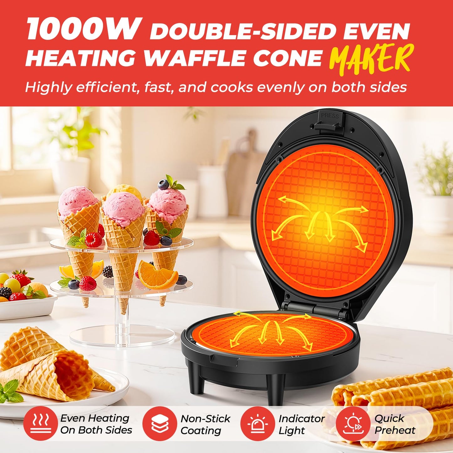 Waffle Cone Maker and Ice Cream Cone Maker with Cone Roller, 1000W Double Side Even Heating Thin Waffle Maker, Makes Crispy Waffle Cones, 7.5" Nonstick Plate Egg Roll Maker, Easy to Clean, Black