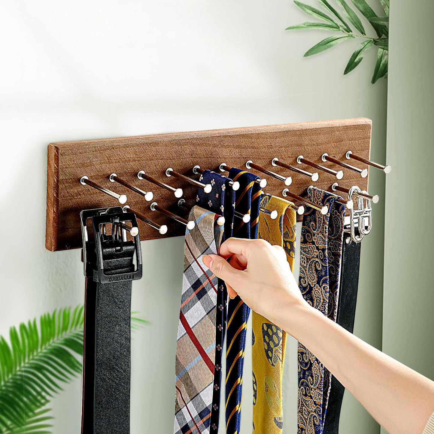 TreeHouse London Tie Rack Organizer – Holds 40 Large Ties – Solid Wood & Sturdy Metal Storage Holder for Closet – Wall Mounted Tie Display Hanger for Wall, Bedroom - (Walnut Tie Rack) 16" L X 4.25" H