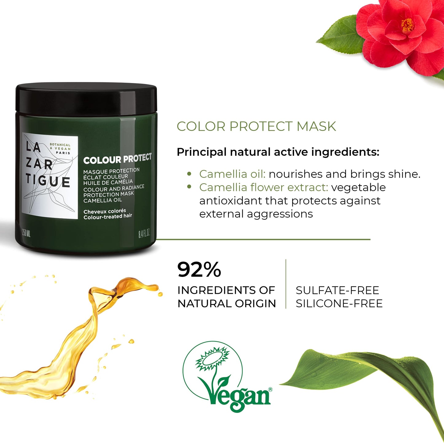 Lazartigue Colour Color & Radiance Protection Mask, Enriched with Camellia Oil, Nourishes Hair Fiber, Enhances & Leaves Hair Silky, Vegan, 8.4 Oz