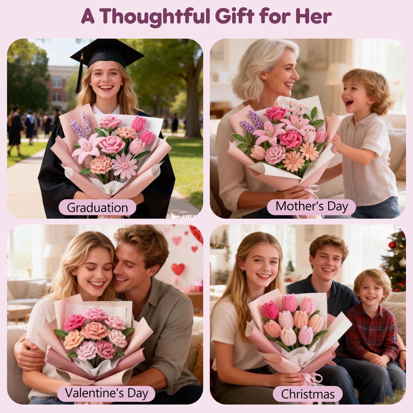 EARLY MINDS 800Pcs Pipe Cleaner Flower Bouquet Kit, 8 Colors Romantic Pink Chenille Stems Craft Set with Floral Tape, Flower Stems, Gift Wrap & More, DIY Bouquet Gift for Adults