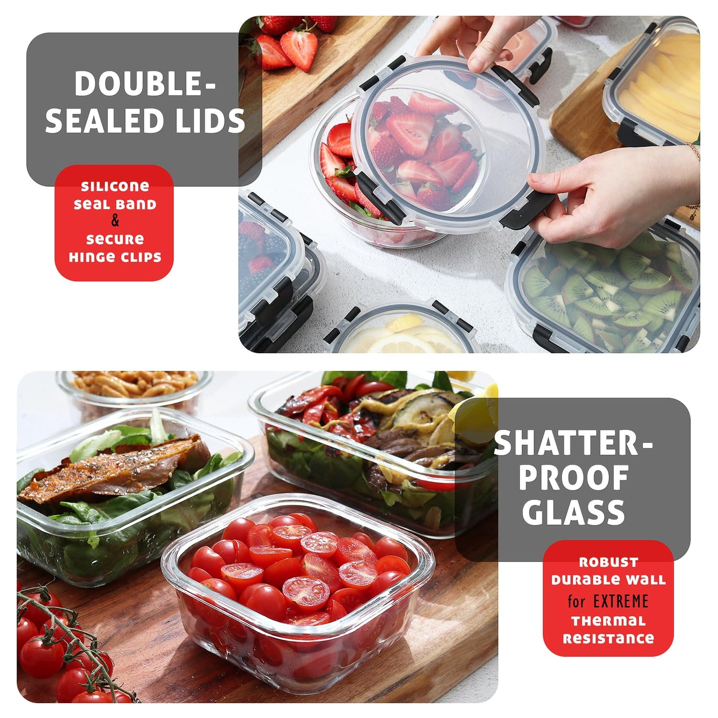 EATEX 24pc Glass Storage Containers with Lids, 12 Set Glass Food Storage Containers with 12 Airtight Lids, Pantry Kitchen Meal Prep Containers for Lunch, Freezer Storage Containers, Jet Black