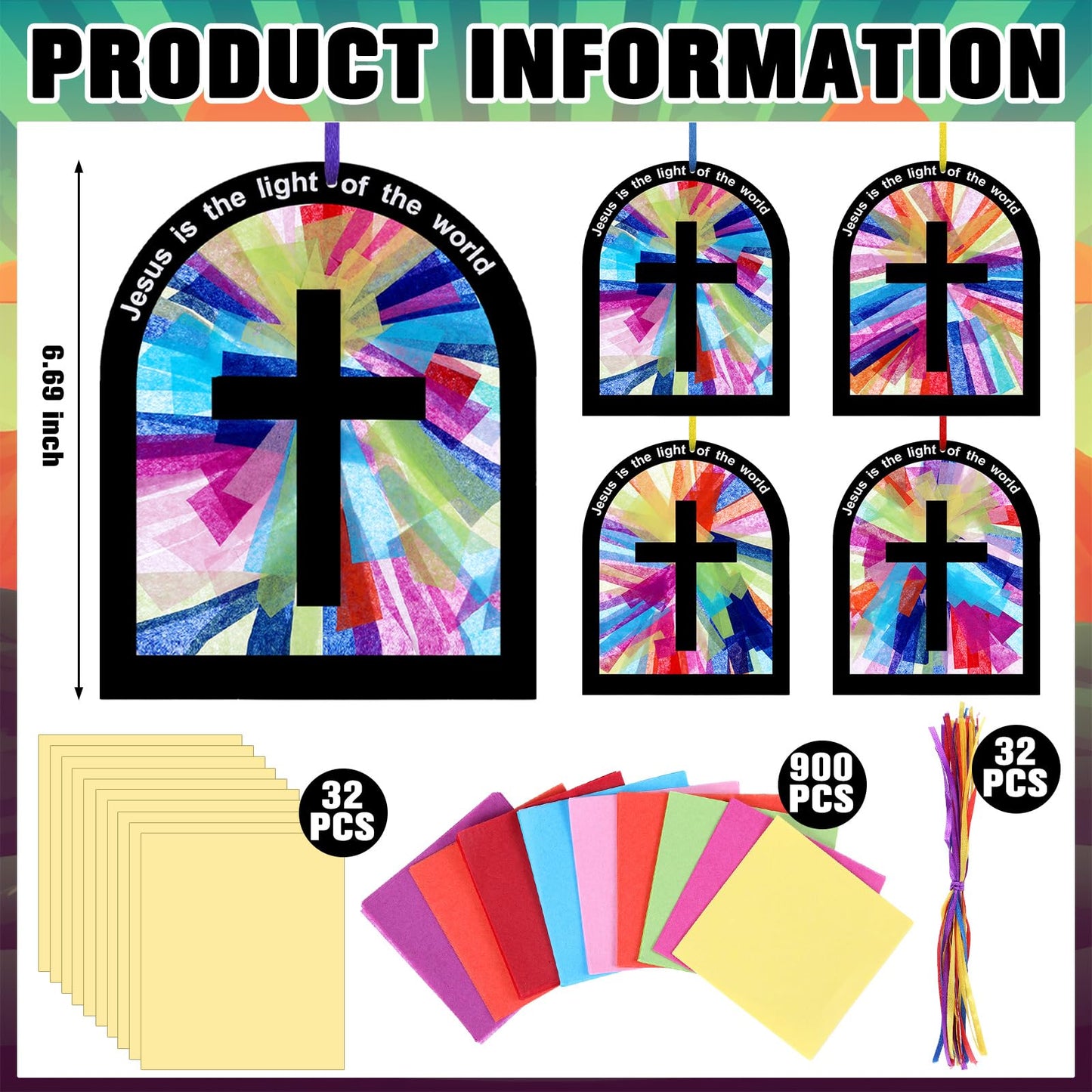 Motipuns 32 Sets Christian Tissue Paper Cross Craft Kit for Kids Jesus is The Light of The World DIY Religious Art Activity for Sunday School VBS Easter Church Decoration Bulk Pack