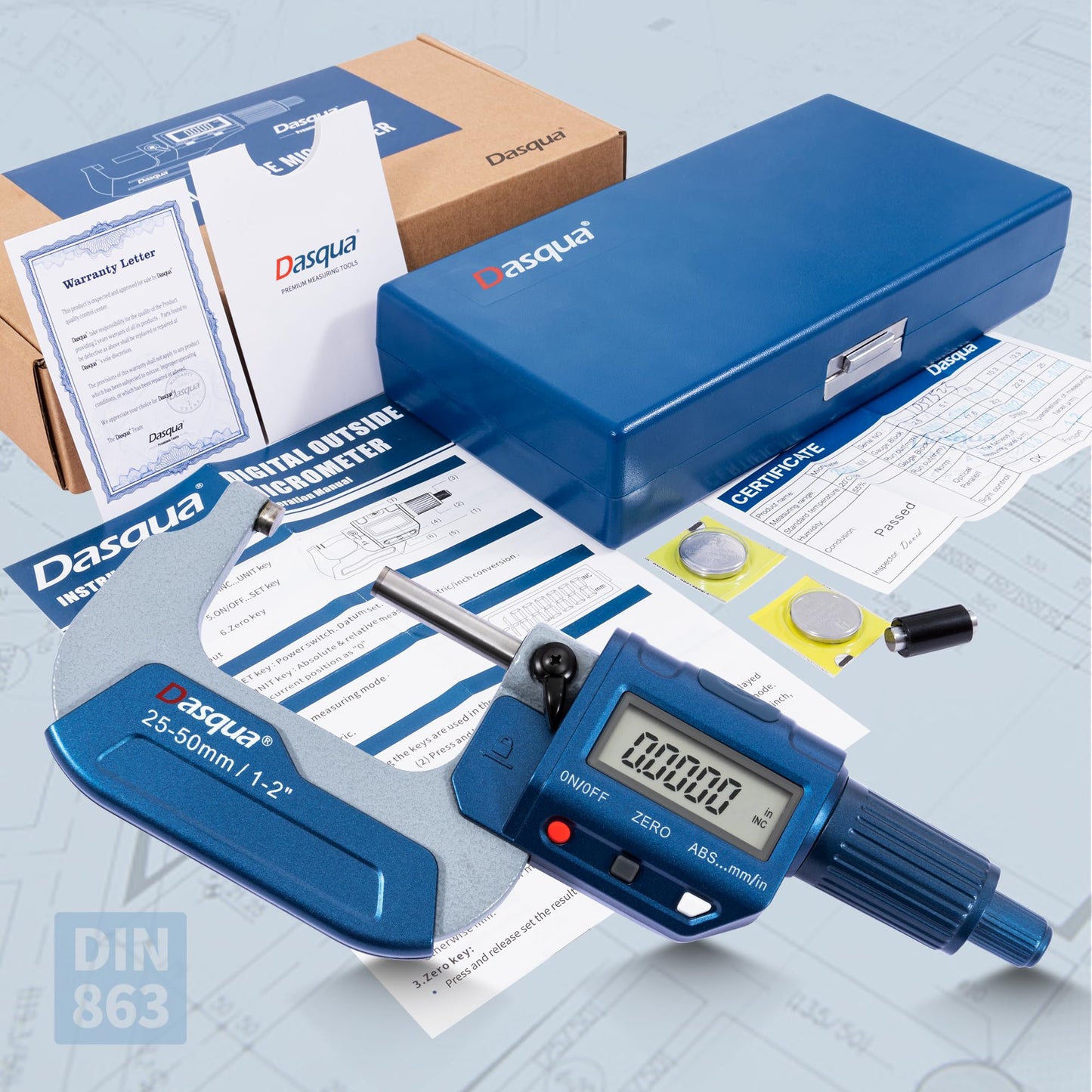 Dasqua Precision Professional 1-2"/25-50mm 0.00005"/0.001 mm Resolution Digital Outside Micrometer with Carbide Tip 1-2" Measuring Tool Metric/inch Conversion