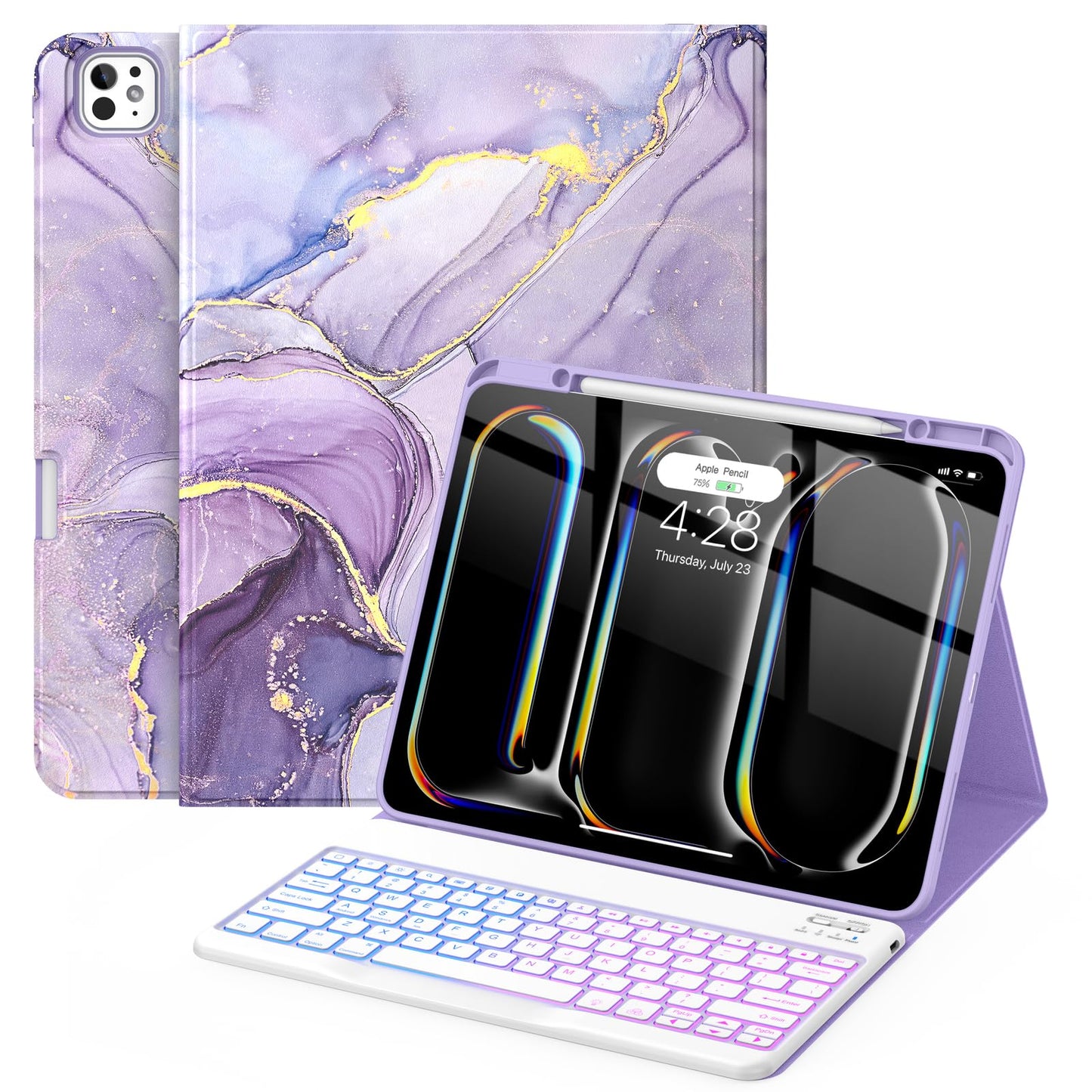 Soke Keyboard Case for iPad Pro 13 Inch (M4 2024), Magnetic Detachable Wireless Keyboard & 7 Colors Backlight Keys, Folio Stand TPU Back Cover with Pencil Holder for iPad Pro 13", Lilac Marble