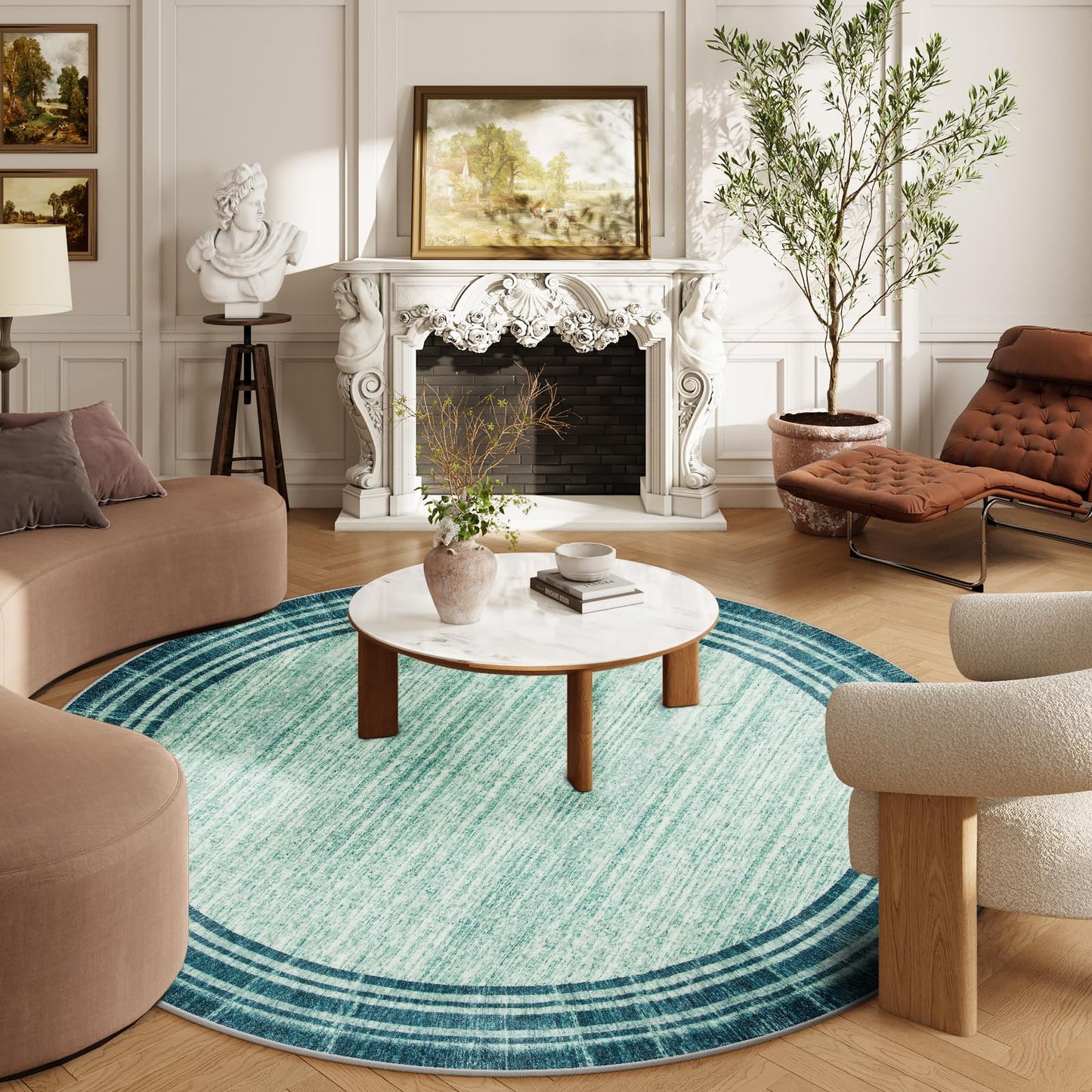 Lahome Abstract Round Rug 6 ft for Living Room, Ultra Thin Washable Soft Circle Bedroom Area Rug, Teal Printed Minimalist Boder Indoor Circular Carpet for Office Dining Room Under Table