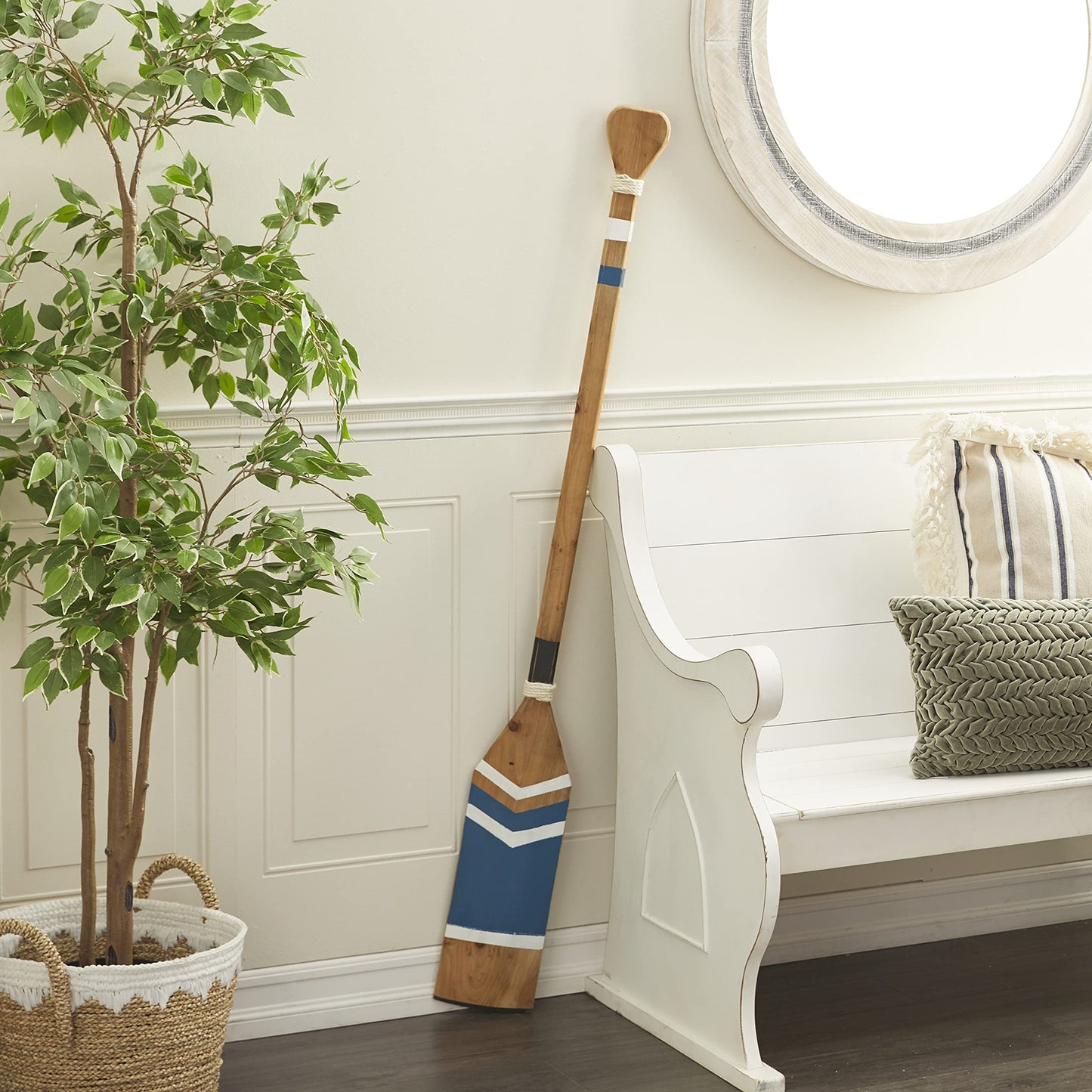 Deco 79 Wood Paddle Home Wall Decor Novelty Canoe Oar Wall Sculpture with Arrow Design and Rope Detail, Wall Art 7" x 2" x 58", Blue
