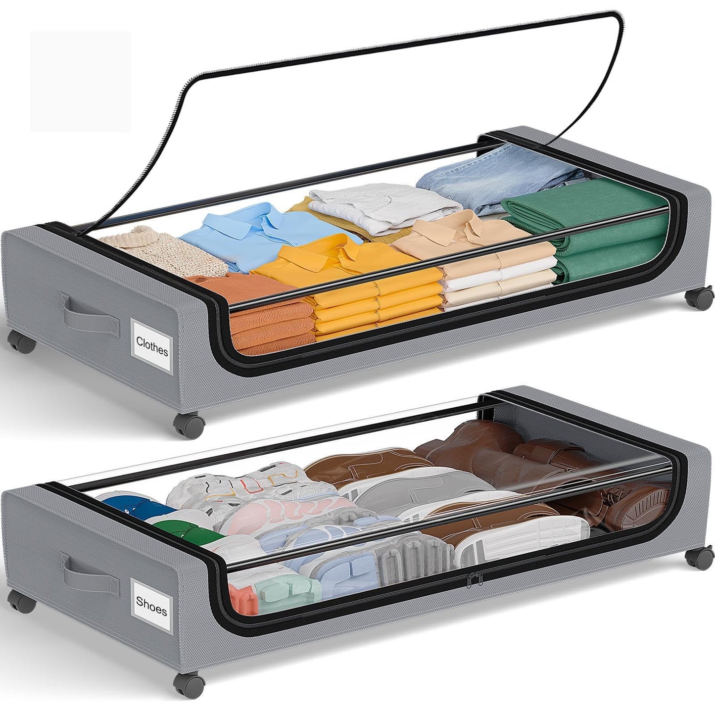 GoMaihe Under Bed Storage with Wheels: 70L Underbed Storage Containers with Lids - Rolling Bins for Shoes Clothes in Dorm Bedroom - Metal Drawers Easy Pull-out Grey 2-Pack